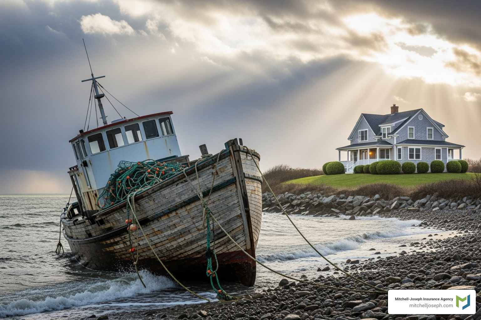 storm-damaged boat next to an undamaged house - boat insurance near me storm-damaged boat next to an undamaged house - boat insurance near me