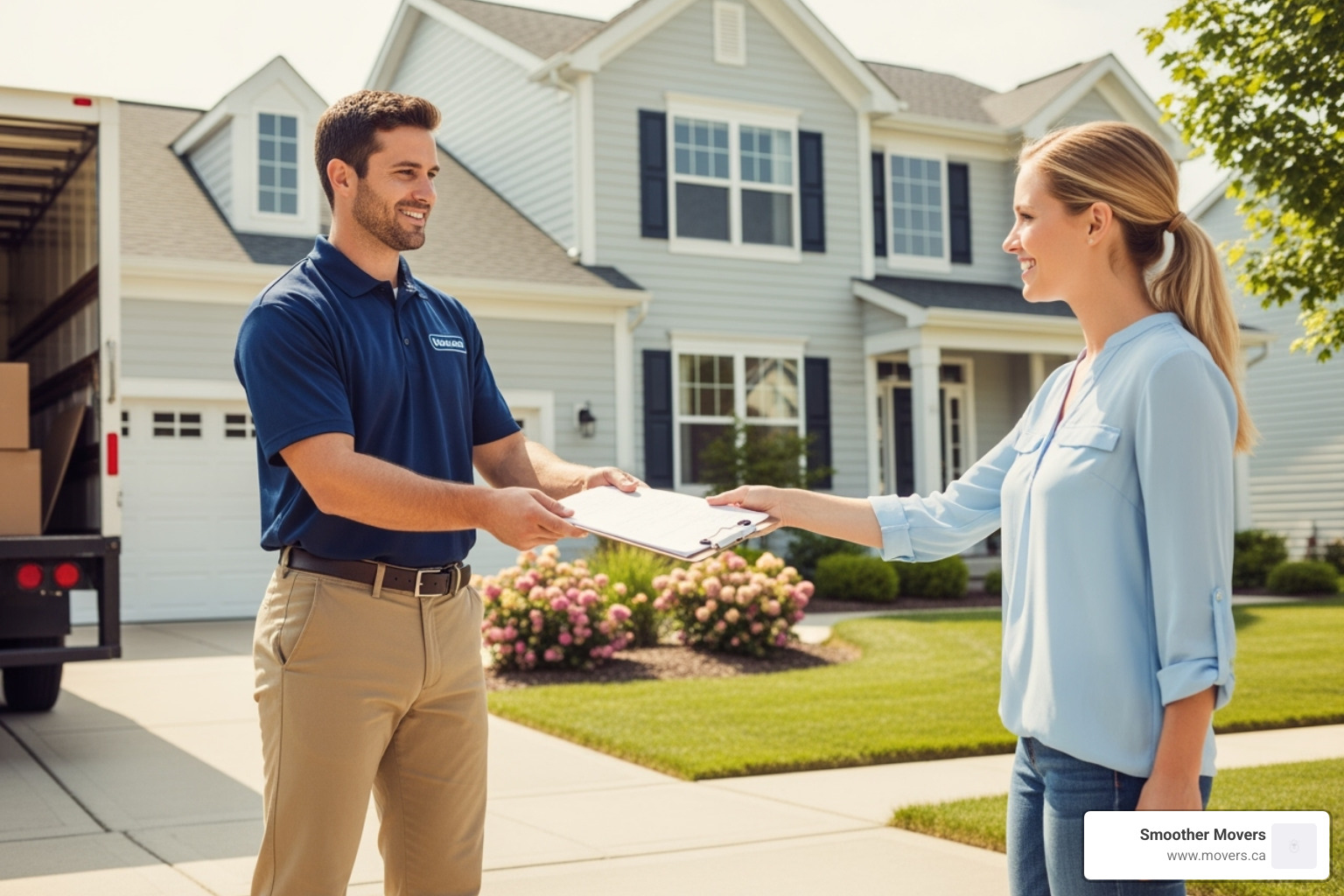 Friendly mover handing a clipboard to a happy client, symbolizing trustworthiness and good service - furniture movers nanaimo