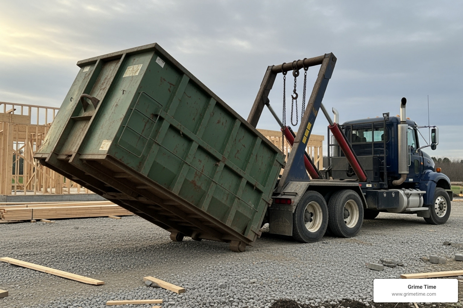 dumpster being placed by hook-lift system - dumpsters for rent