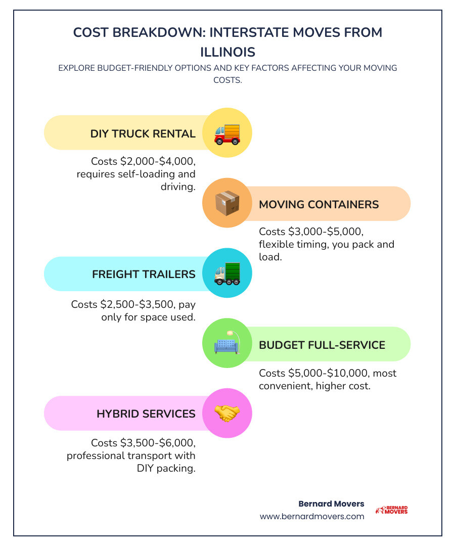 Infographic showing cost breakdown for interstate moves from Illinois including truck rental costs ranging from $2,000-4,000, container services at $3,000-5,000, freight options at $2,500-3,500, and full-service moves at $5,000-10,000, with additional factors like seasonal pricing, distance multipliers, and money-saving tips like off-peak moving and decluttering - cheap interstate moving options infographic infographic-line-5-steps-colors
