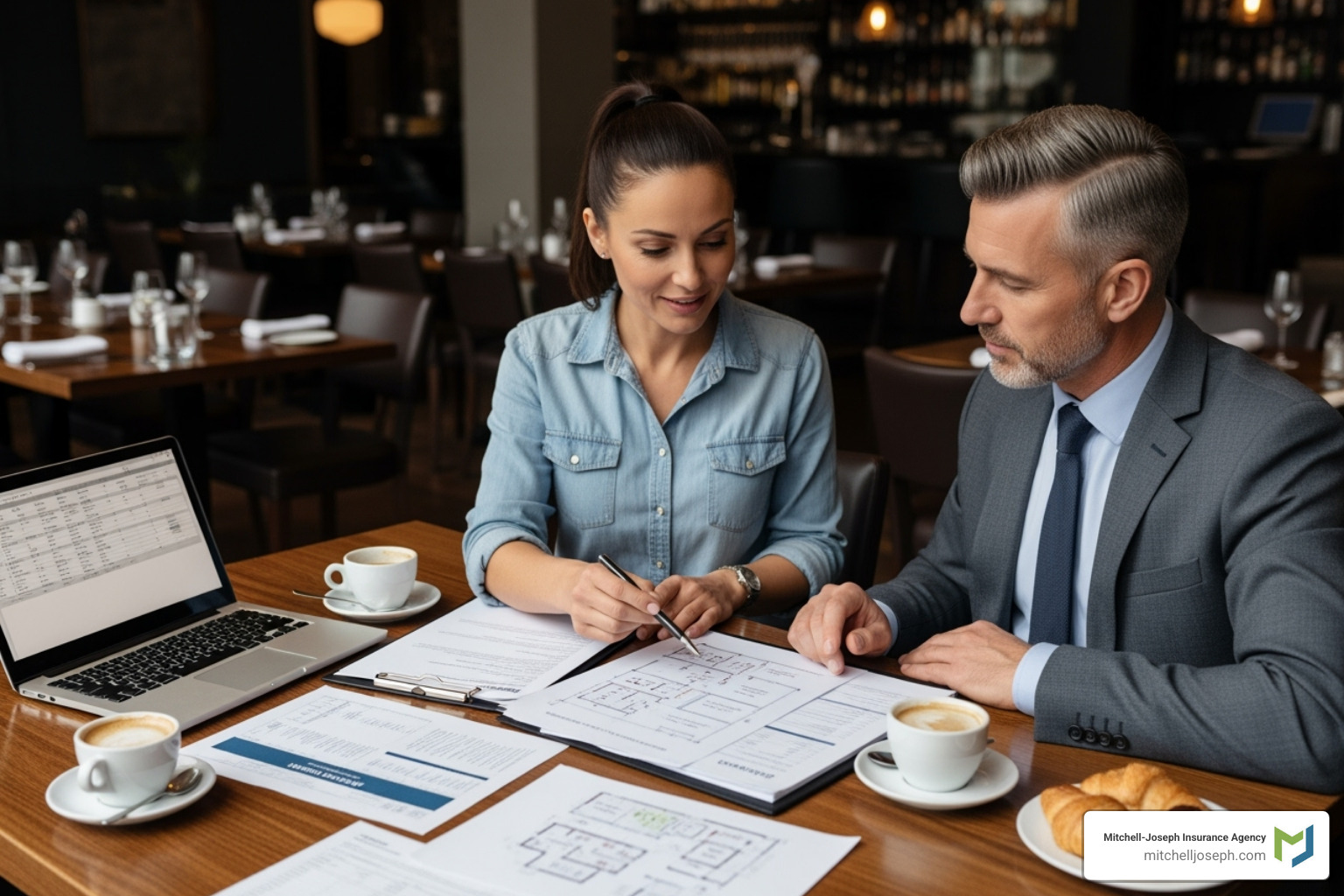 restaurant owner reviewing documents with insurance agent - restaurant insurance naples