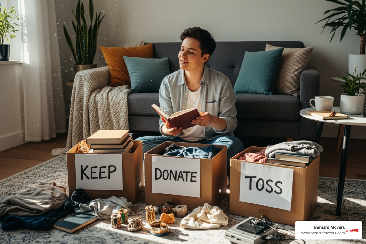 A person sorting items into "keep," "donate," and "toss" piles - cheap interstate moving options