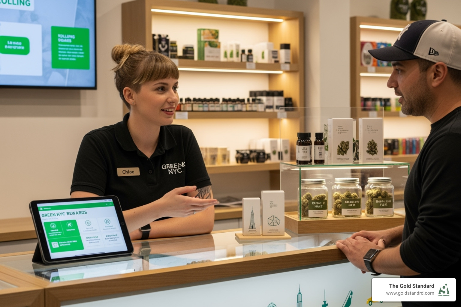 A budtender explaining the loyalty program to a customer on Long Island - dispensary loyalty program
