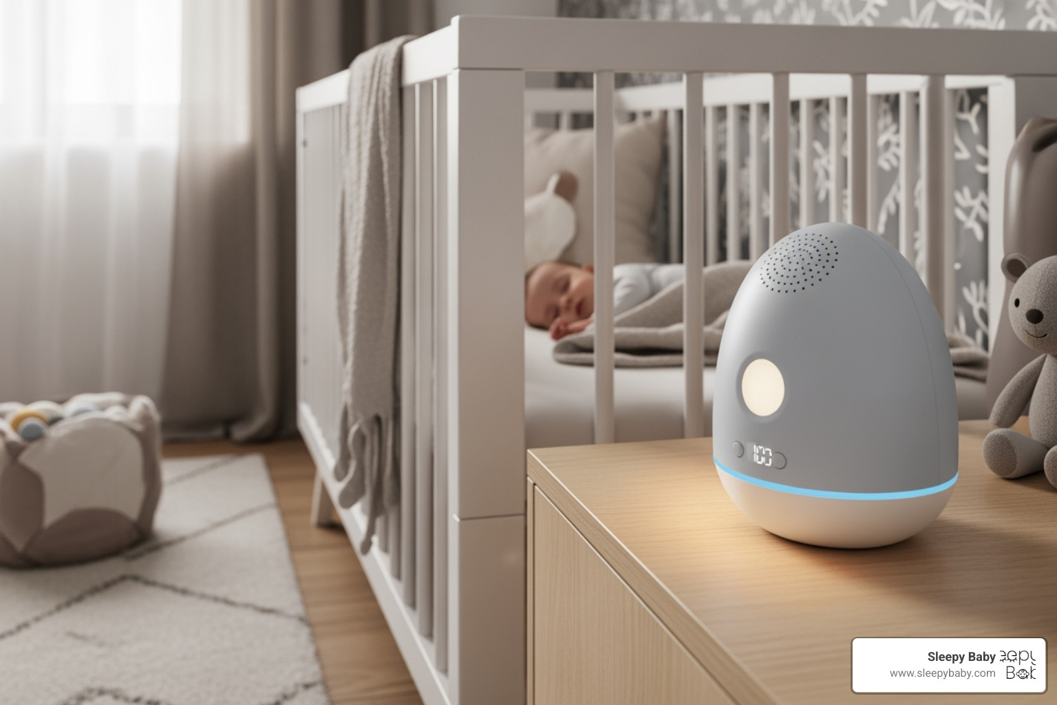 Sleepy Baby physical sleep aid device next to a crib - best baby sleep aid app Sleepy Baby physical sleep aid device next to a crib - best baby sleep aid app