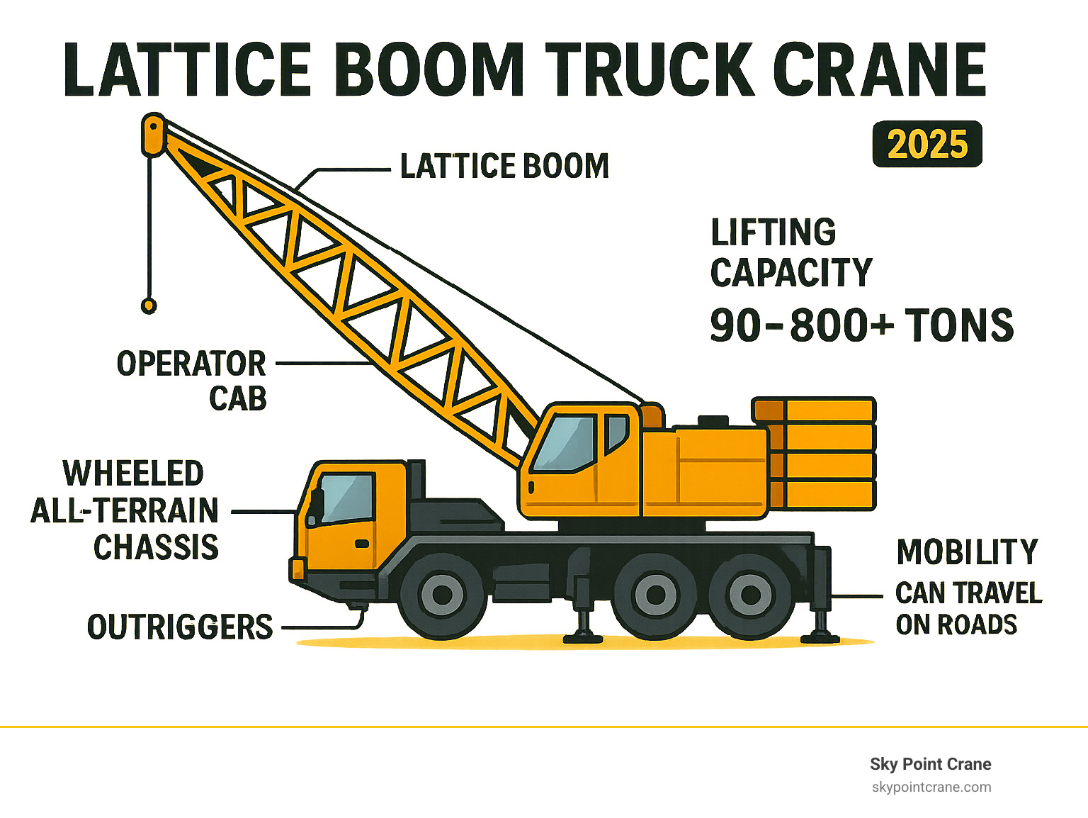 Infographic showing the main components of a lattice boom truck crane including the lattice boom structure with W-pattern design, wheeled all-terrain chassis, outrigger system, counterweights, operator cab, and key specifications for lifting capacity and mobility features - lattice boom truck crane infographic 