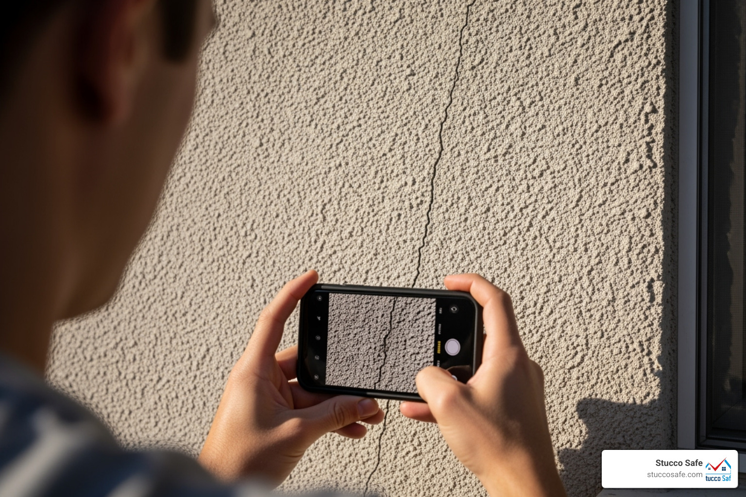 of a homeowner taking a photo of a stucco crack with their phone - how to get stucco damage covered by homeowners insurance