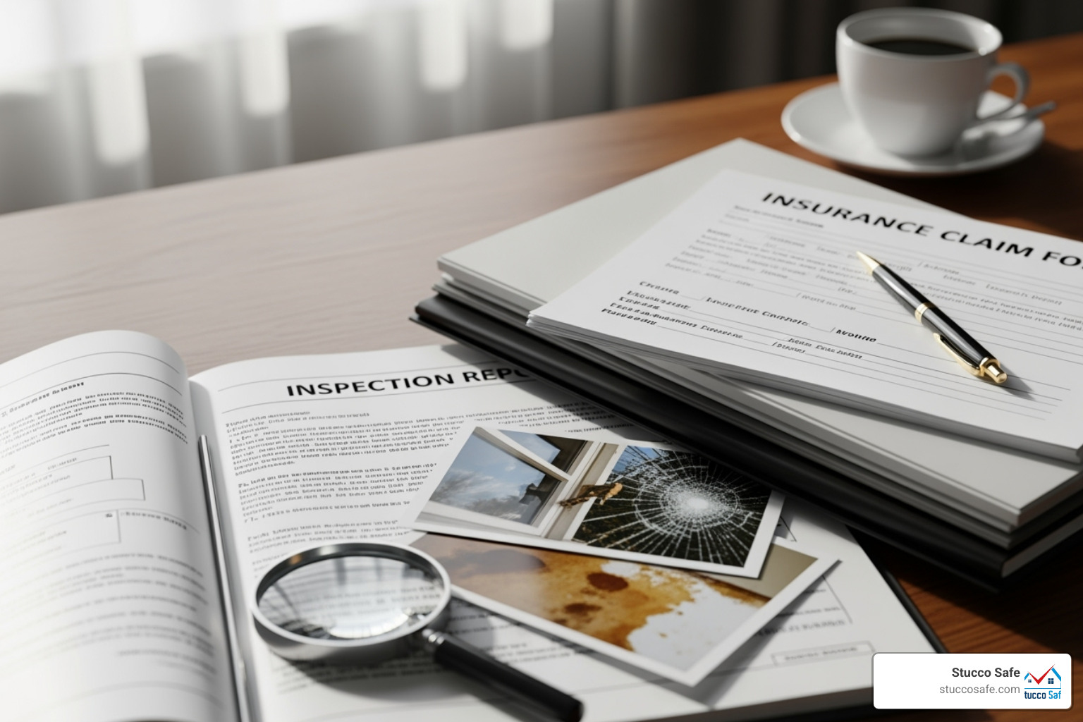 of a stack of documents including an inspection report, photos, and an insurance form - how to get stucco damage covered by homeowners insurance
