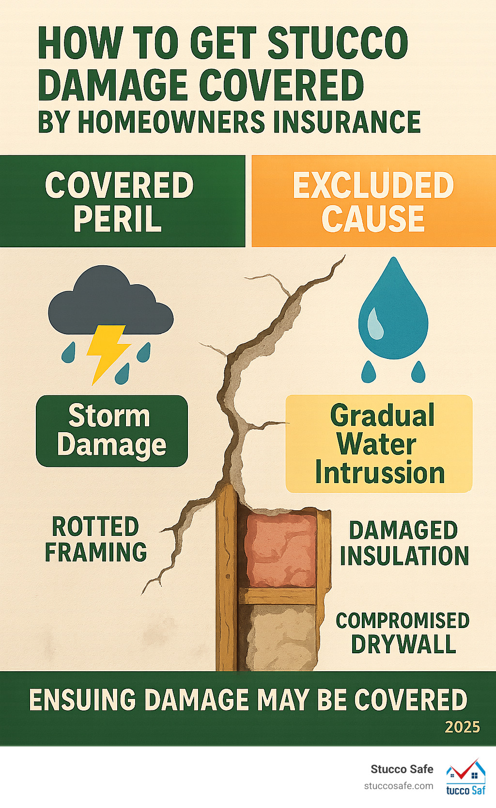 Infographic showing the difference between covered perils like storm damage causing sudden stucco failure versus excluded causes like gradual water intrusion from poor installation, with examples of ensuing damages that may be covered including rotted framing, damaged insulation, and compromised drywall - how to get stucco damage covered by homeowners insurance infographic 