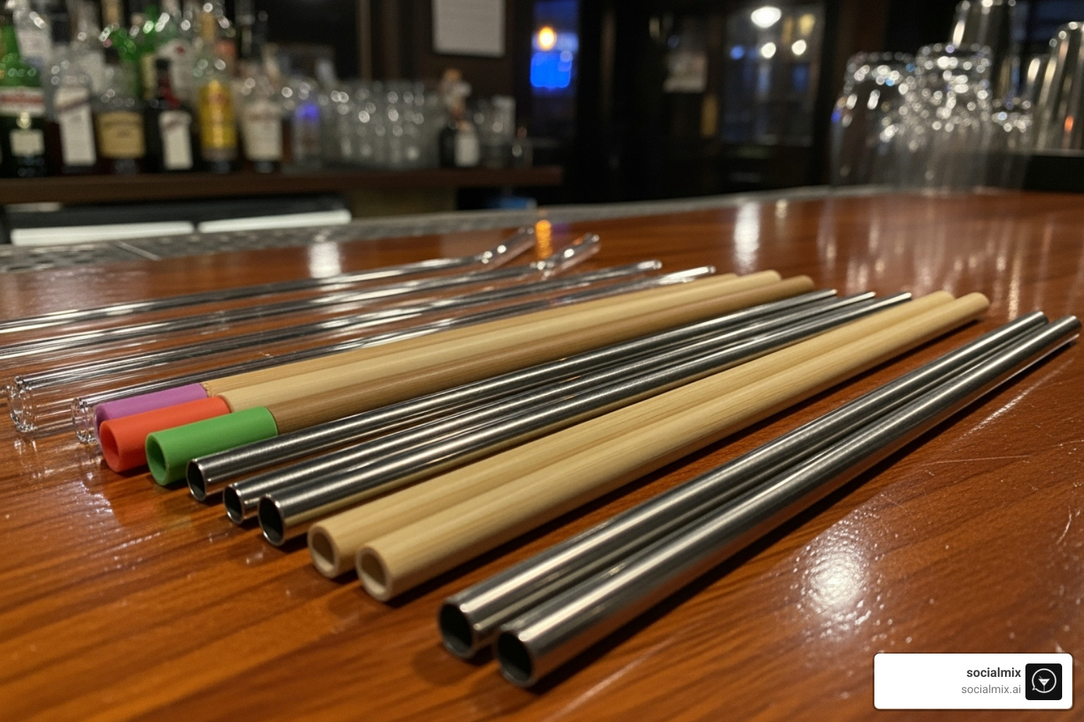 collection of different types of straws (glass, metal, bamboo, silicone) arranged neatly on a bar top - drink straws