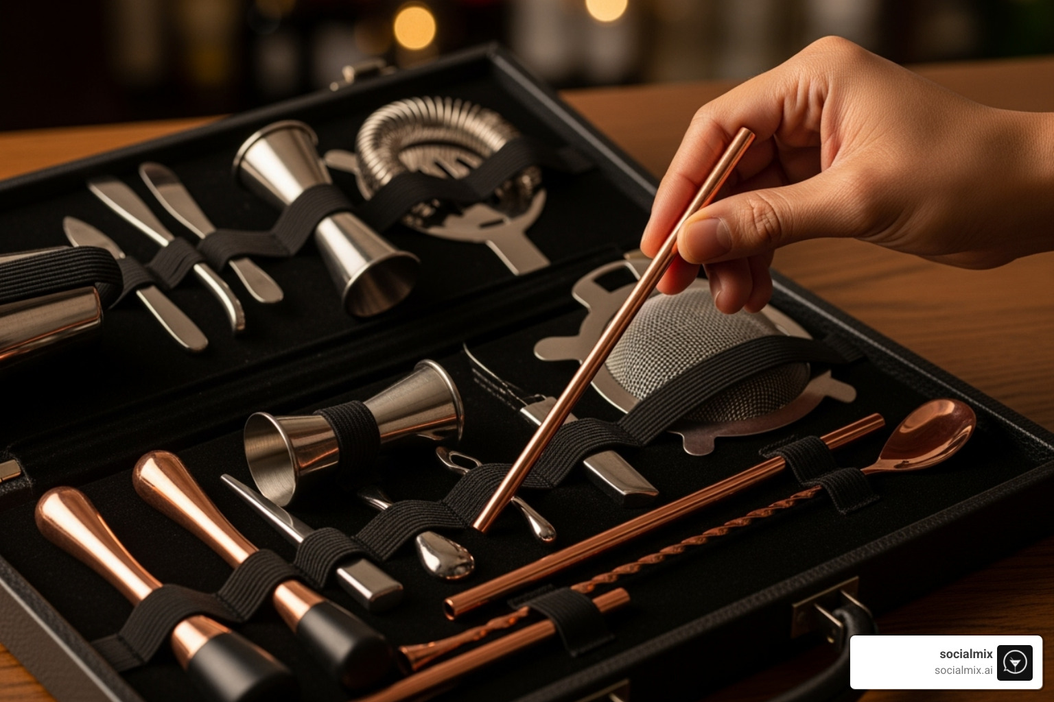 person selecting a copper straw from a bartender kit - drink straws