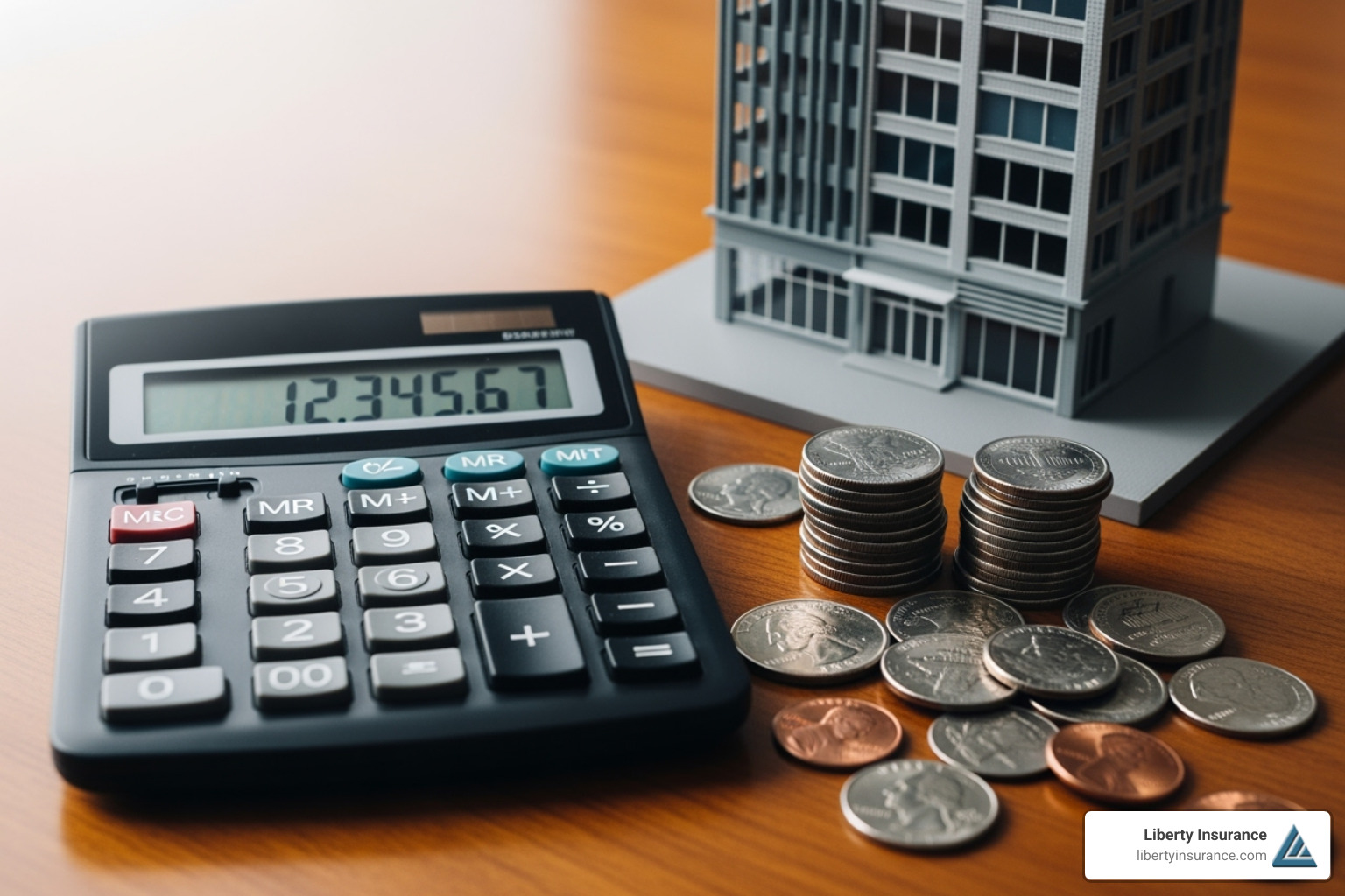 Image of a calculator with coins and a small model of a commercial building - commercial property insurance nj