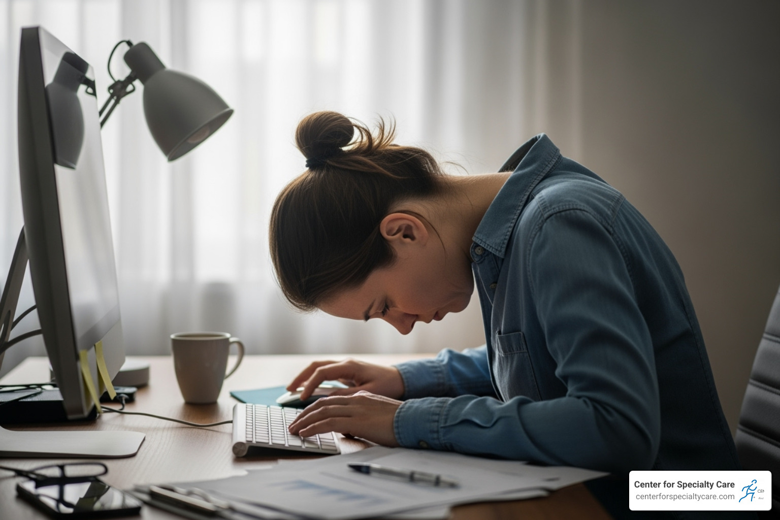 poor posture at a desk - knot in neck