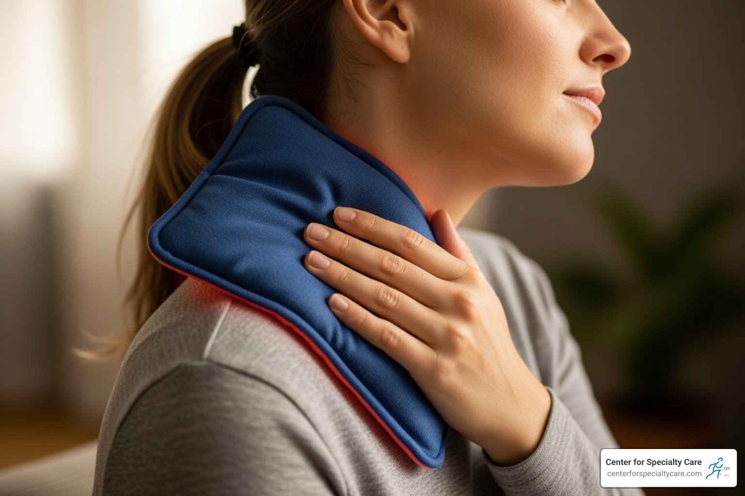 person using a heating pad on their neck - knot in neck