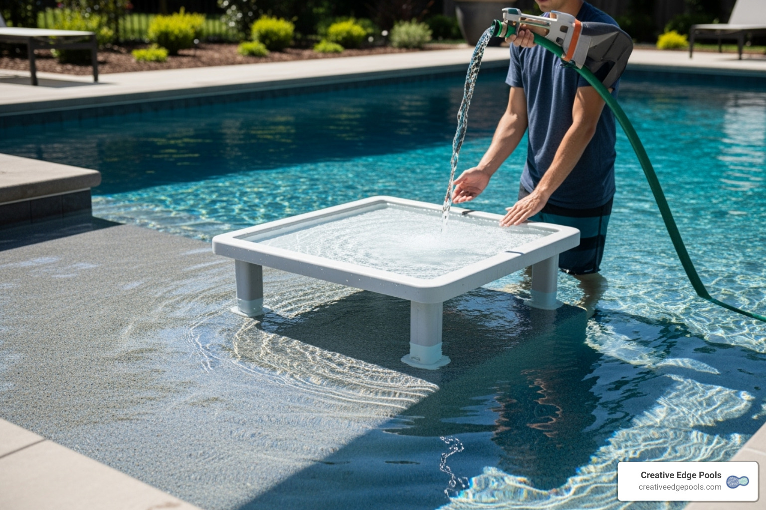 how to easily fill an in-pool table with water for stability on a pool step. - in pool table