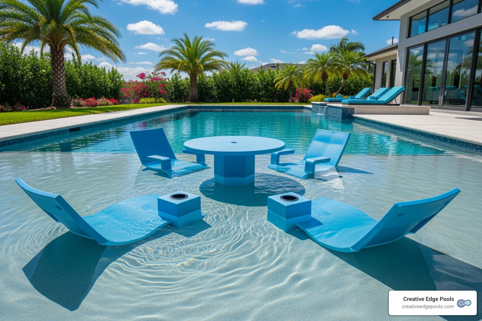 complete, matching set of in-pool furniture: a table, chairs, and loungers in a cohesive color. - in pool table