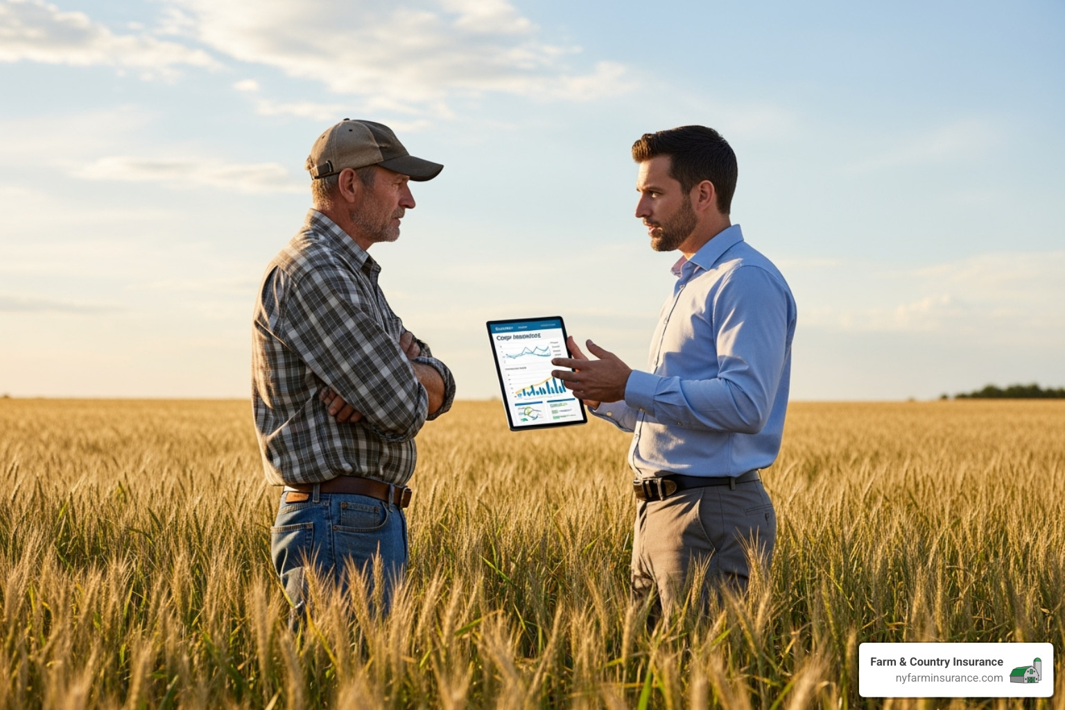 Farmer consulting with an insurance agent in a field, discussing policy details on a tablet - is federal crop insurance same premium at all agents Farmer consulting with an insurance agent in a field, discussing policy details on a tablet - is federal crop insurance same premium at all agents