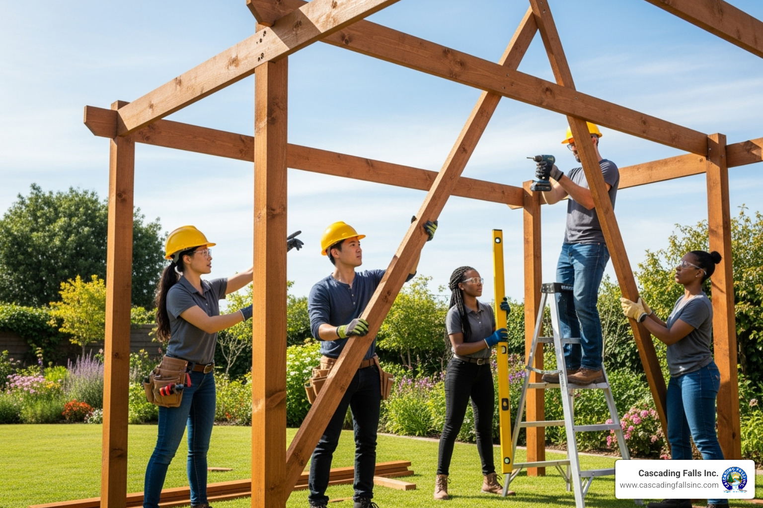 professional team installing a pergola frame - pergolas near me