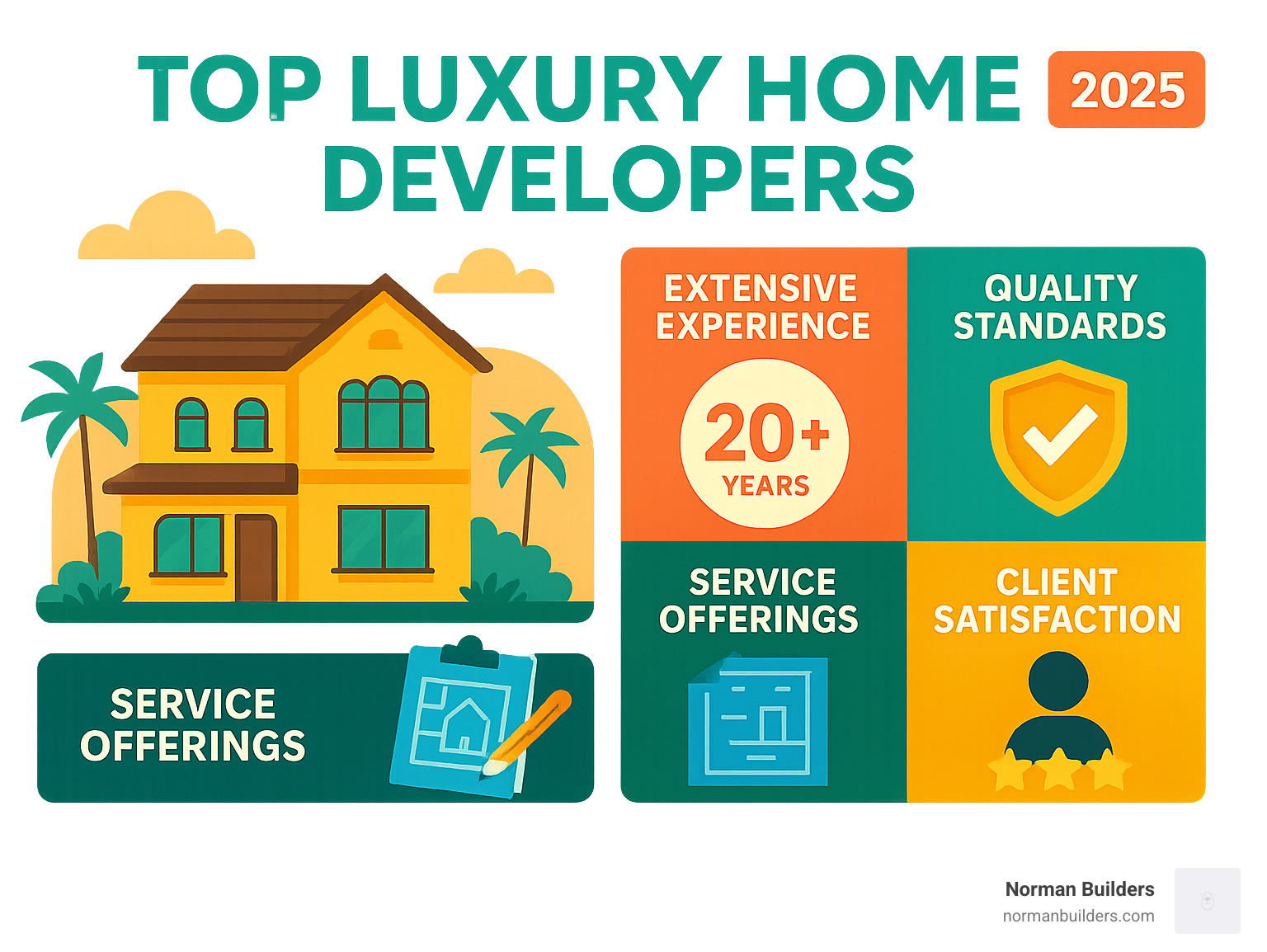 Comprehensive guide showing the key characteristics that define top luxury home developers, including experience levels, service offerings, quality standards, and client satisfaction metrics - luxury home developers infographic Comprehensive guide showing the key characteristics that define top luxury home developers, including experience levels, service offerings, quality standards, and client satisfaction metrics - luxury home developers infographic