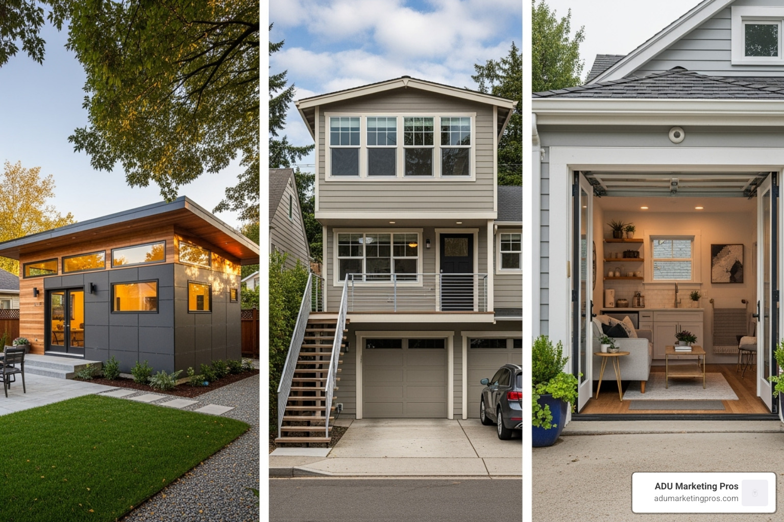 Collage showing different types of ADUs: a detached backyard cottage, an above-garage unit, and a converted garage. - how many adu permits san diego 2019