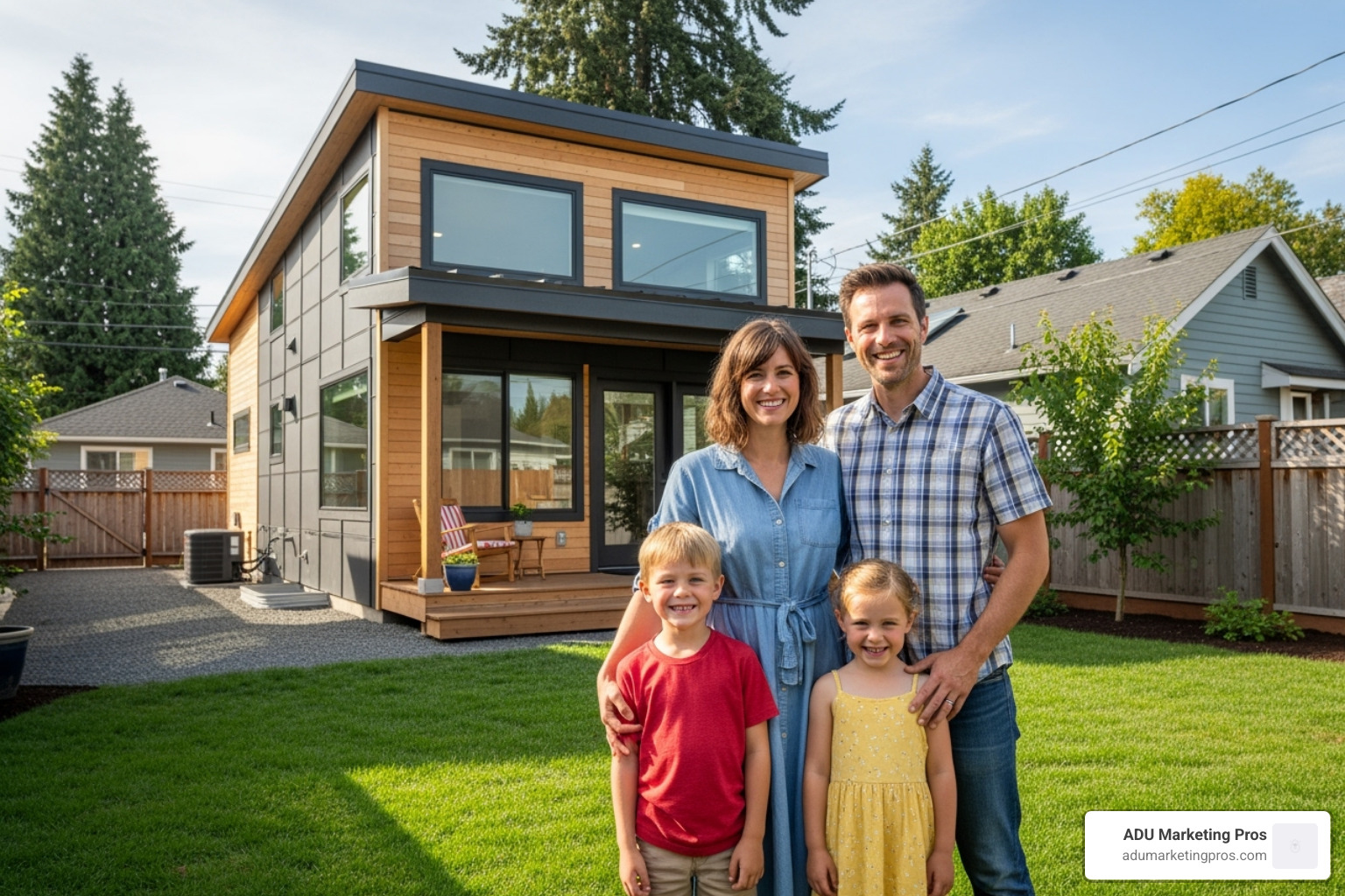 Family standing happily in front of their newly built ADU - how many adu permits san diego 2019