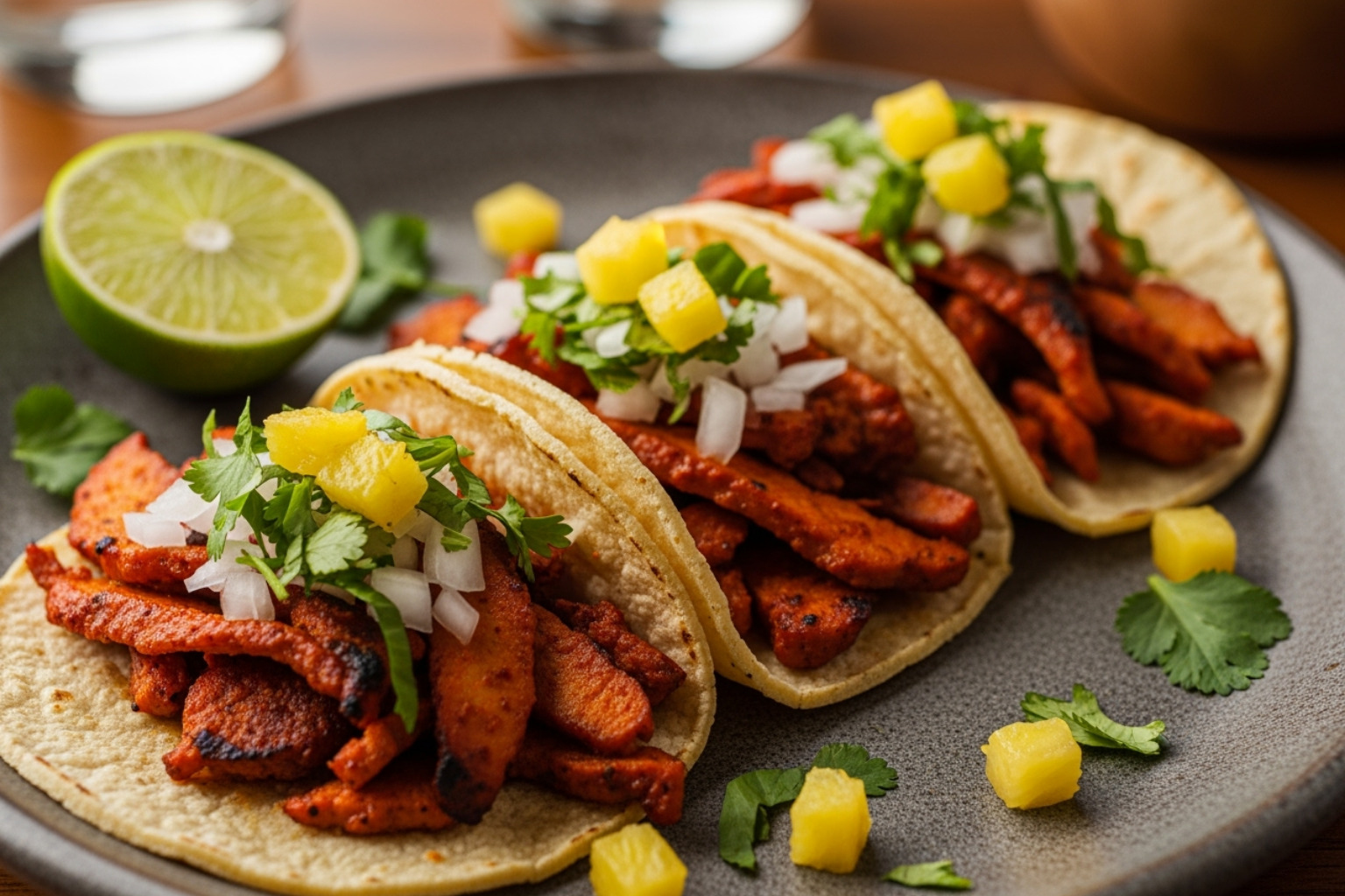 beautiful plate of tacos al pastor with pineapple - mexico city street food tour
