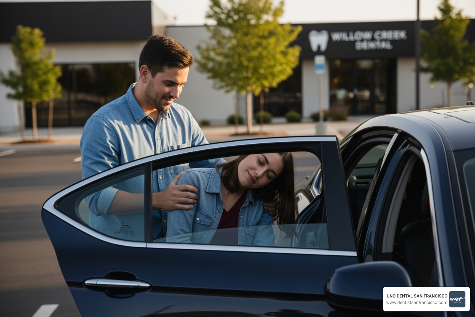 A patient, looking a bit drowsy but comfortable, being gently helped into a car by a friend or family member after a dental procedure - sedation meaning