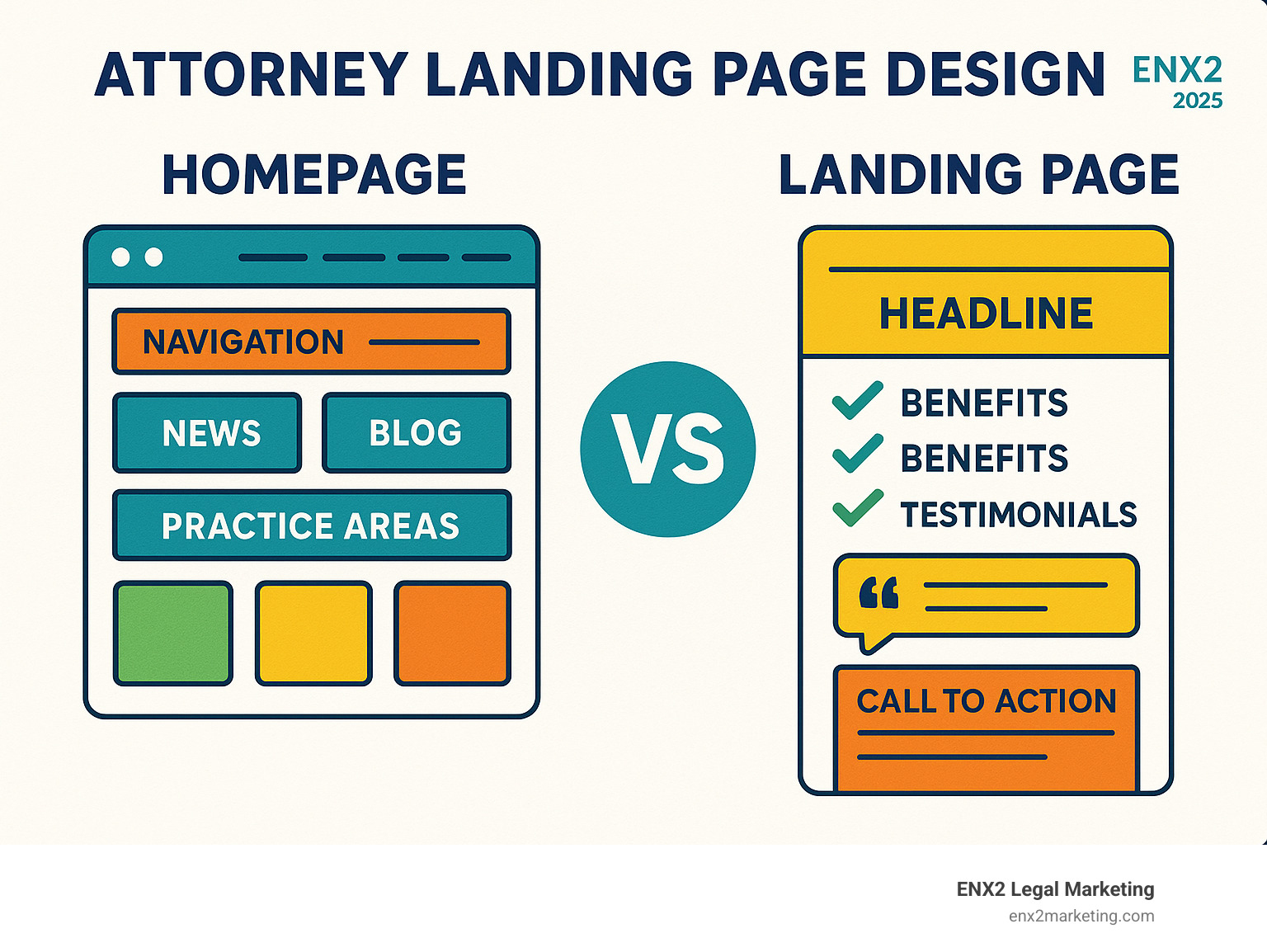 Infographic showing the difference between a homepage with multiple distractions (navigation, news, blog posts, multiple practice areas) versus a focused landing page with one clear goal (headline, benefits, testimonials, single call-to-action form) - attorney landing page design infographic 