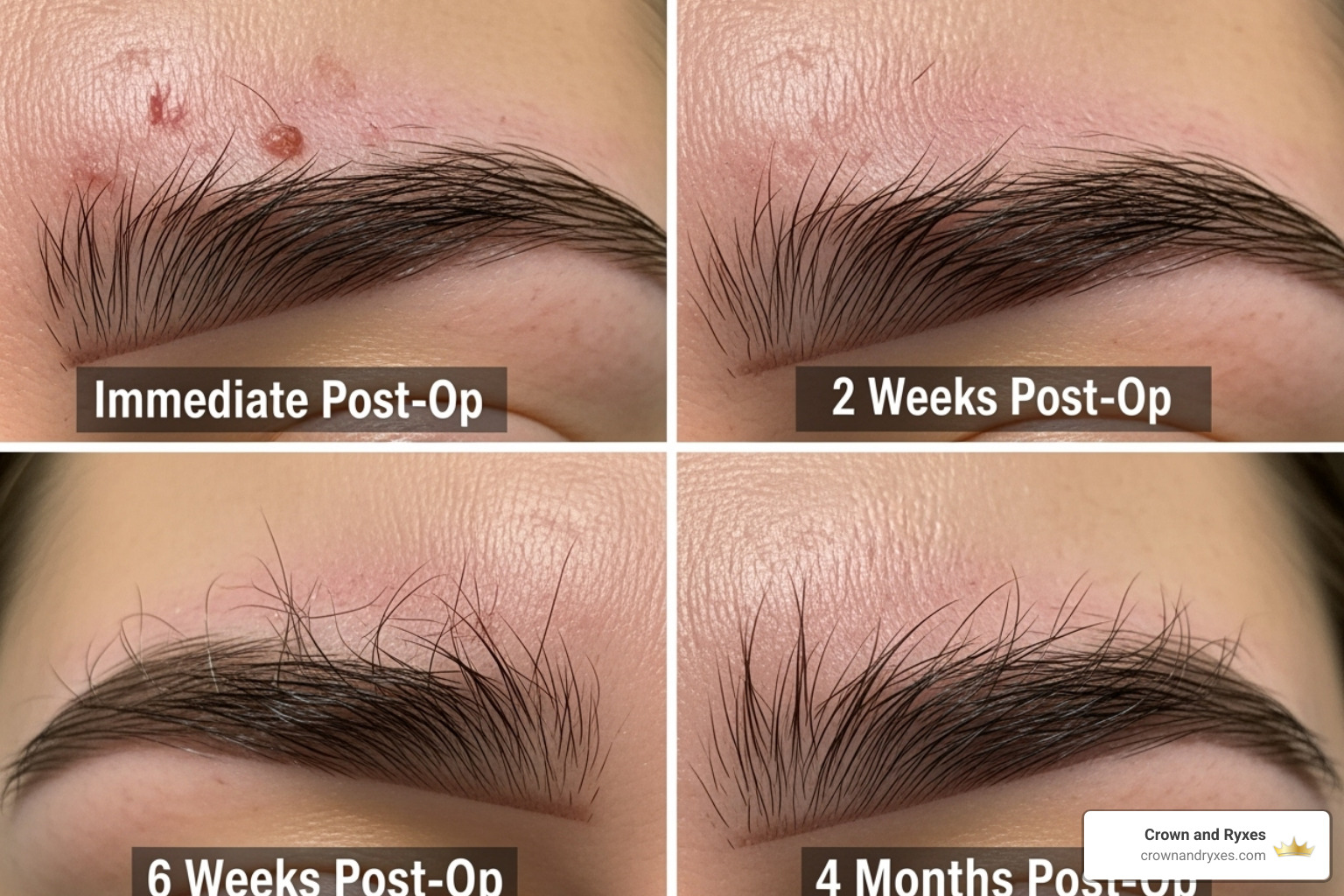a timeline of the recovery process from day 1 to 4 months - eyebrow implant procedure