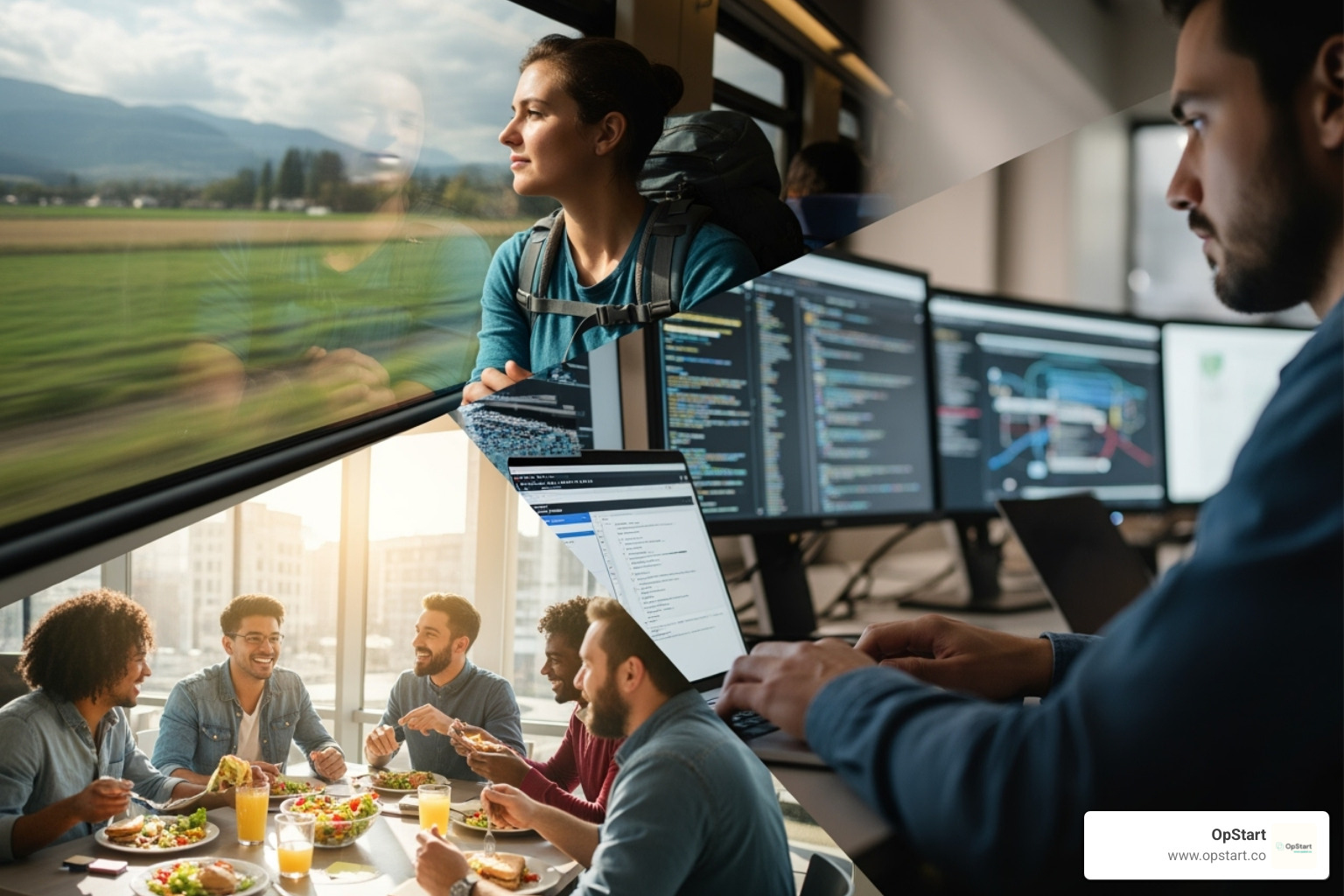 Collage of different business scenarios: a person traveling, a team having lunch, a developer at a computer - best corporate business credit cards