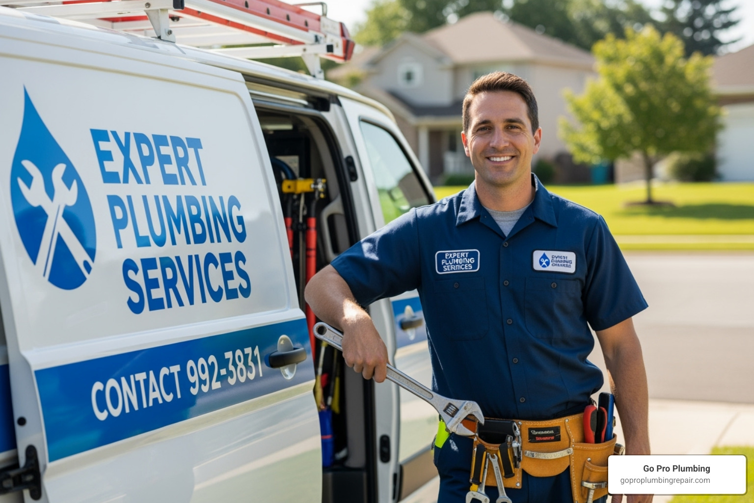 friendly, uniformed plumber standing next to a service van - best drain cleaner near me