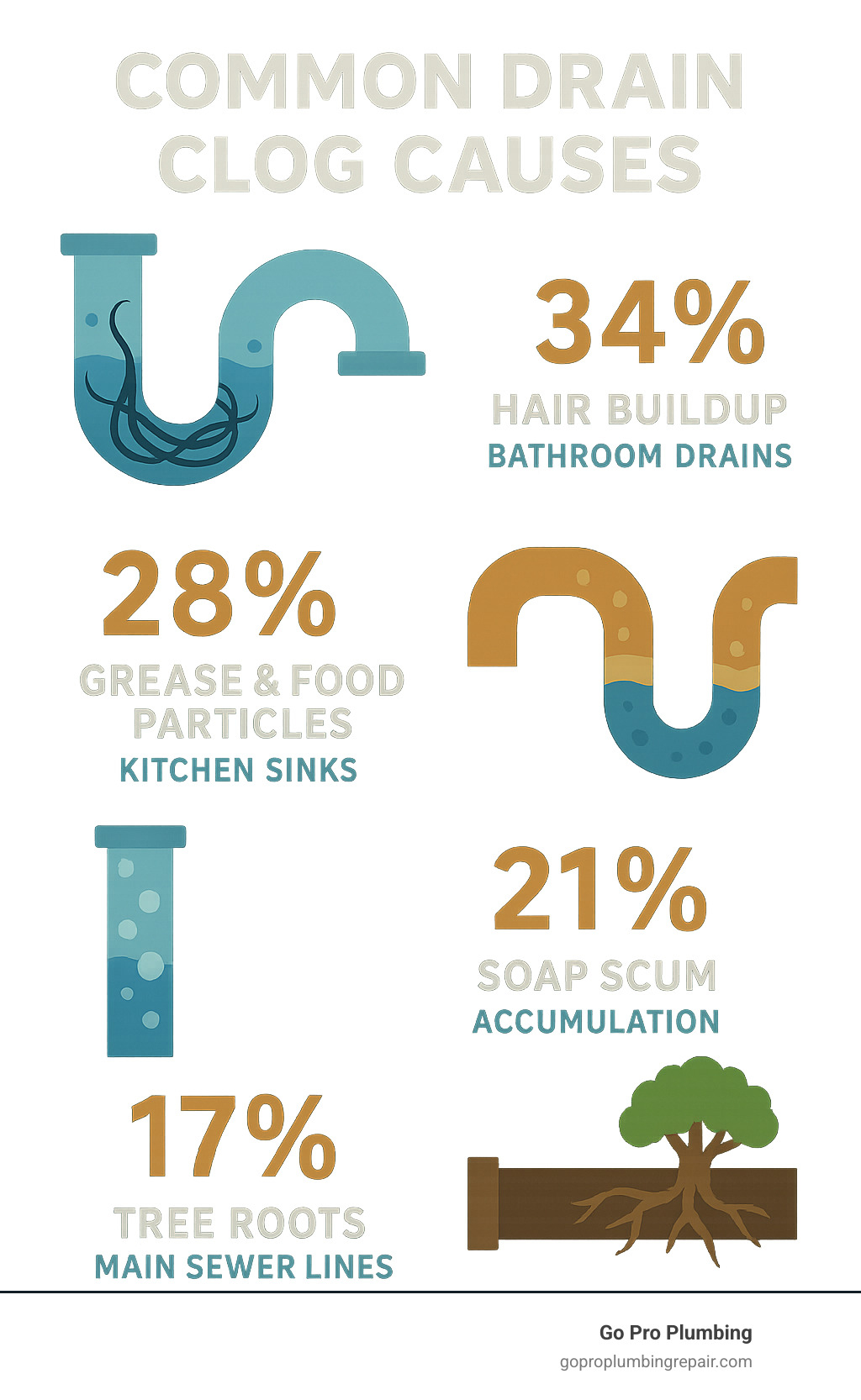 infographic showing common drain clog causes including hair buildup in bathroom drains, grease and food particles in kitchen sinks, soap scum accumulation, and tree roots in main sewer lines with percentages of each cause - best drain cleaner near me infographic 