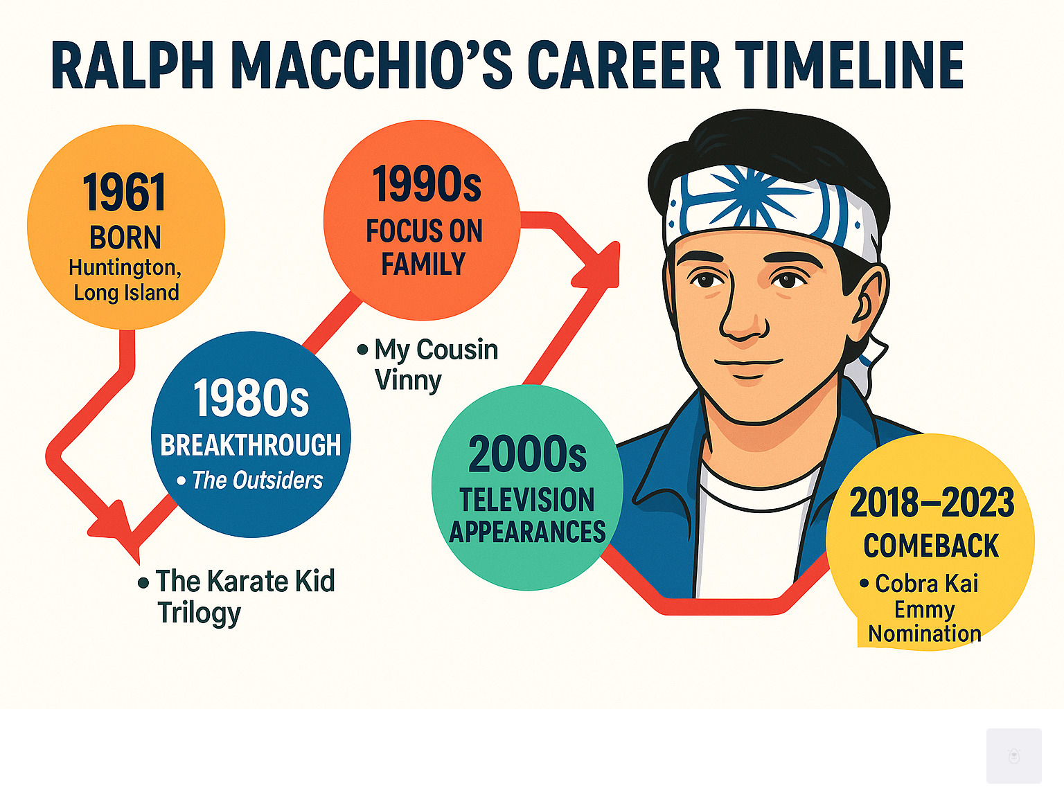 Infographic showing Ralph Macchio's career timeline from his 1961 birth in Huntington, Long Island through his early TV work on Eight Is Enough, breakthrough in The Outsiders and The Karate Kid trilogy in the 1980s, quieter period in the 1990s focusing on family and select roles like My Cousin Vinny, television appearances in the 2000s, and major comeback with Cobra Kai from 2018-2023 including Emmy nomination - ralph macchio infographic 