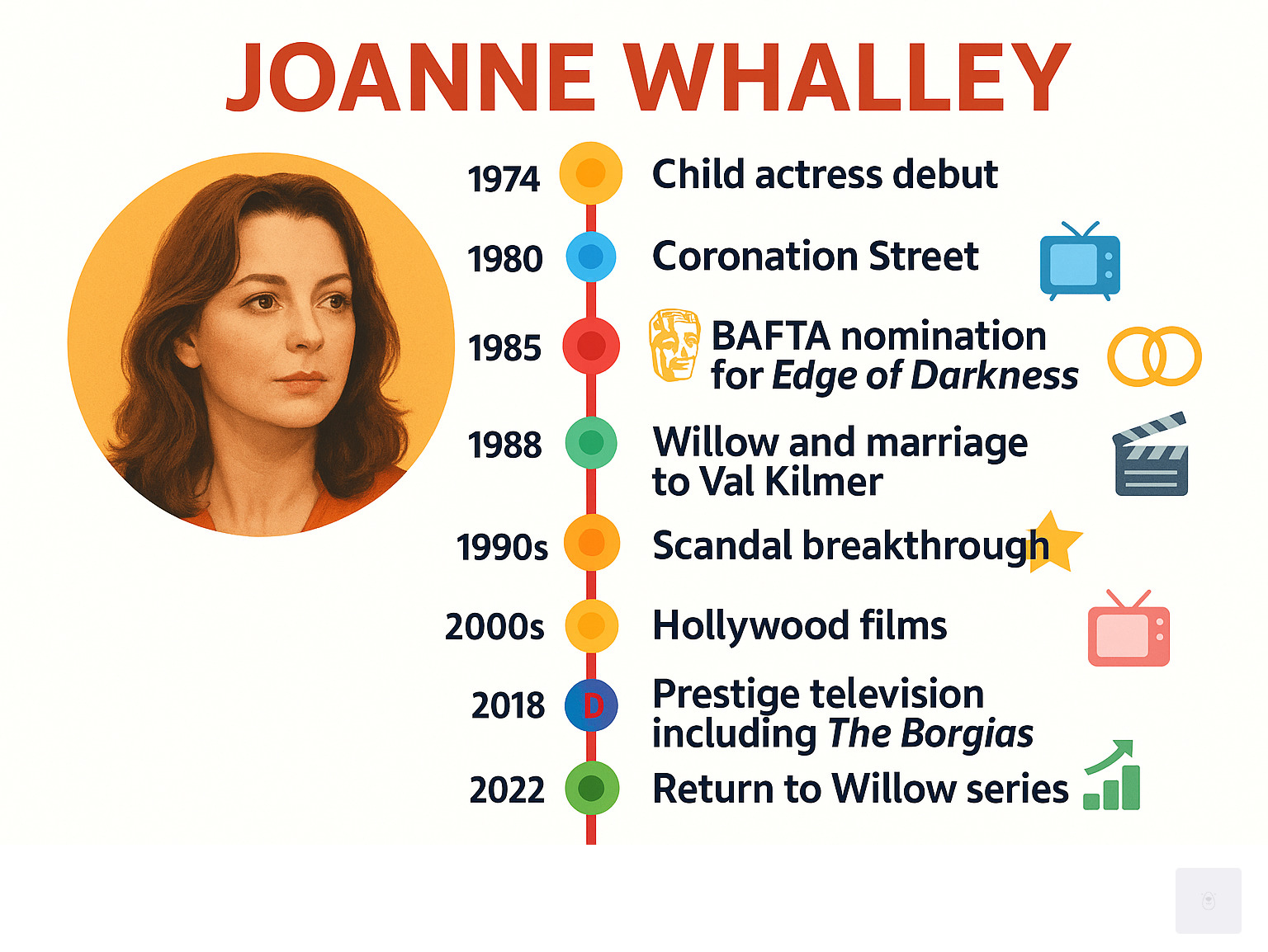 Timeline infographic showing Joanne Whalley's career milestones from 1974 child actress debut through Coronation Street, 1985 BAFTA nomination for Edge of Darkness, 1988 Willow and marriage to Val Kilmer, 1989 Scandal breakthrough, 1990s Hollywood films, 2000s prestige television including The Borgias, 2018 Marvel's Daredevil, and 2022 return to Willow series - joanne whalley infographic 