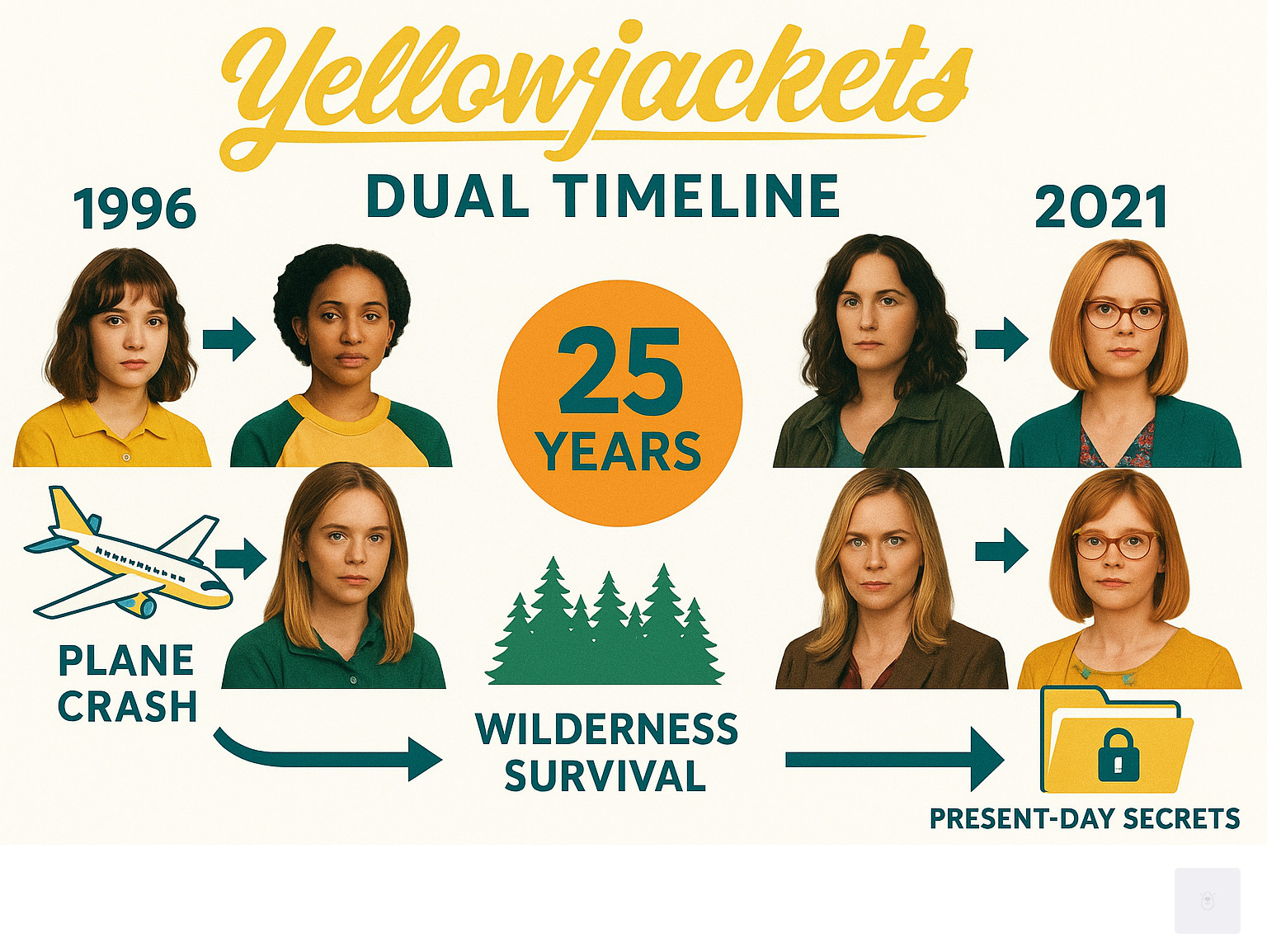 Infographic showing the dual timeline structure of Yellowjackets with 1996 teenage survivors on the left connected by arrows to their 2021 adult counterparts on the right, highlighting the 25-year gap and key plot elements like the plane crash, wilderness survival, and present-day secrets - cast of yellowjackets infographic 