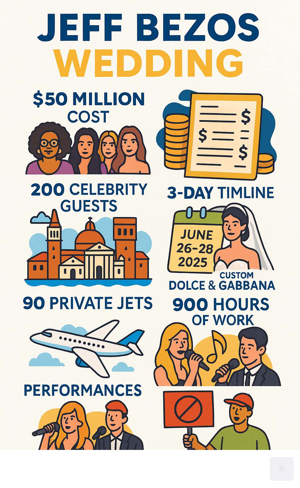 Infographic showing Jeff Bezos wedding details: $50 million cost breakdown, 200 celebrity guests including Kardashians and Oprah, 3-day timeline from June 26-28 2025, venues including San Giorgio Maggiore and Venetian Arsenal, 90 private jets transportation, custom Dolce & Gabbana gown with 900 hours of work, performances by Ellie Goulding and Matteo Bocelli, and local protests by Venice activists - jeff bezos wedding infographic 
