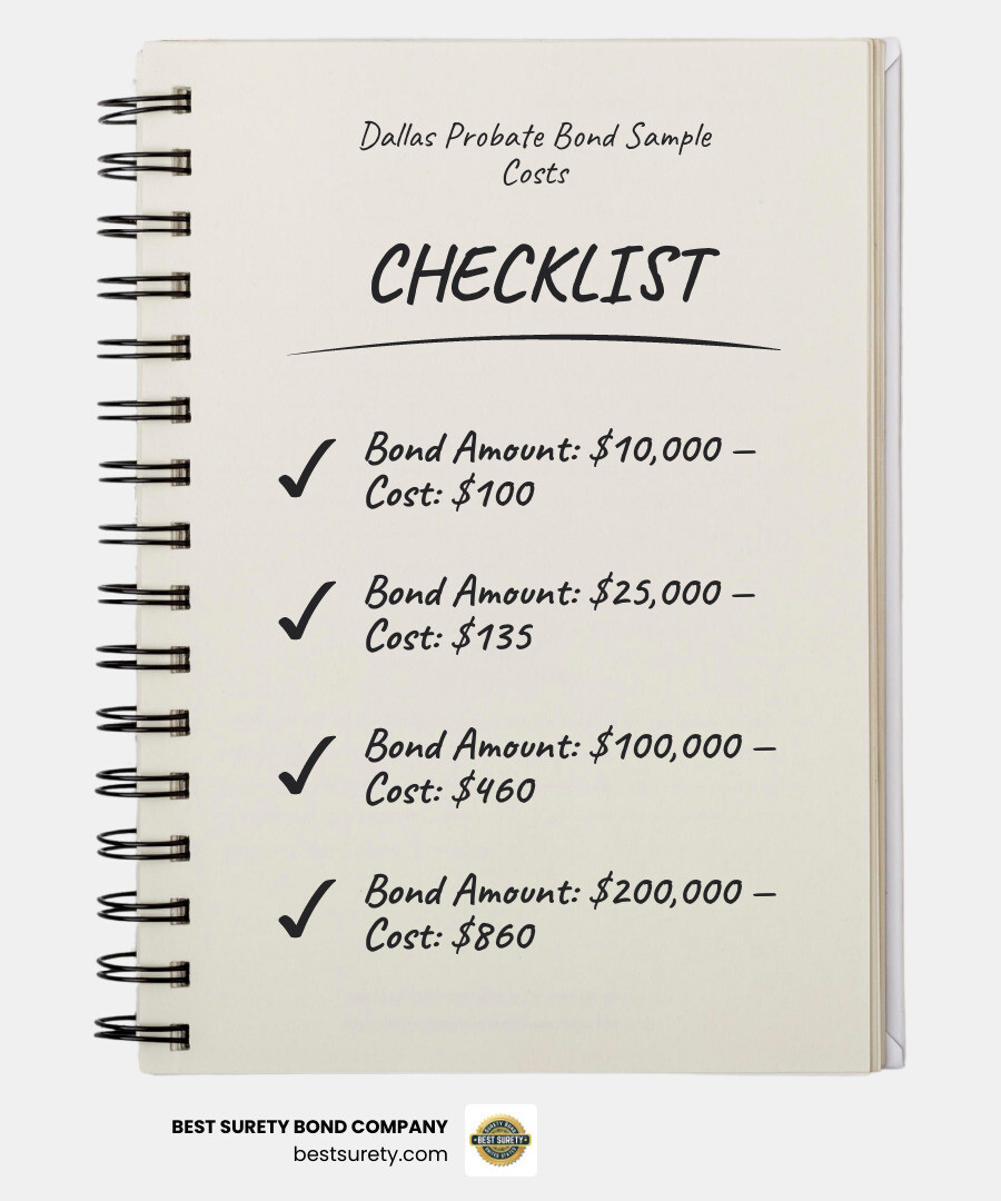 Infographic showing sample bond costs based on bond amount (e.g., $10,000 bond for $100, $50,000 for $260, etc.) - Dallas probate bond infographic checklist-notebook