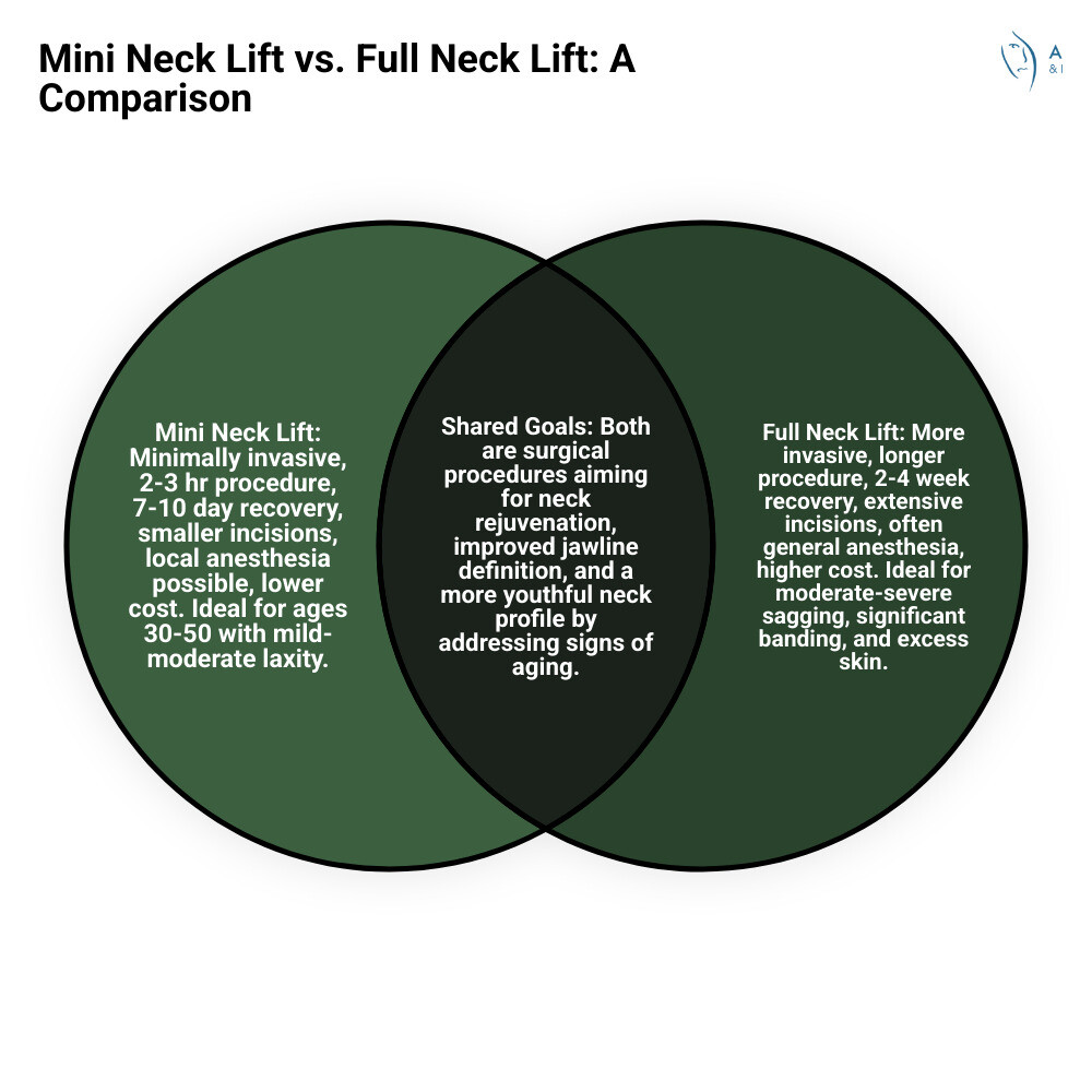 Comprehensive comparison chart showing the differences between mini neck lift and full neck lift procedures, including incision placement, recovery time, ideal candidates, procedure length, anesthesia options, and expected results - plastic surgery mini neck lift infographic venn_diagram Comprehensive comparison chart showing the differences between mini neck lift and full neck lift procedures, including incision placement, recovery time, ideal candidates, procedure length, anesthesia options, and expected results - plastic surgery mini neck lift infographic venn_diagram