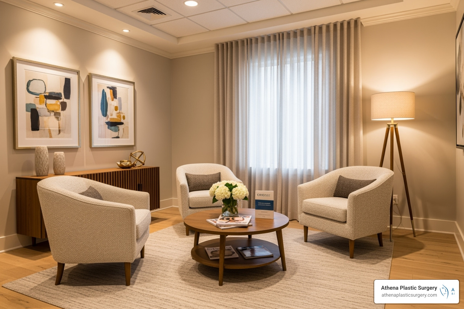 A welcoming and professional consultation room at Athena Plastic Surgery, featuring comfortable seating and a warm ambiance, inviting patients to discuss their aesthetic goals - plastic surgery mini neck lift A welcoming and professional consultation room at Athena Plastic Surgery, featuring comfortable seating and a warm ambiance, inviting patients to discuss their aesthetic goals - plastic surgery mini neck lift