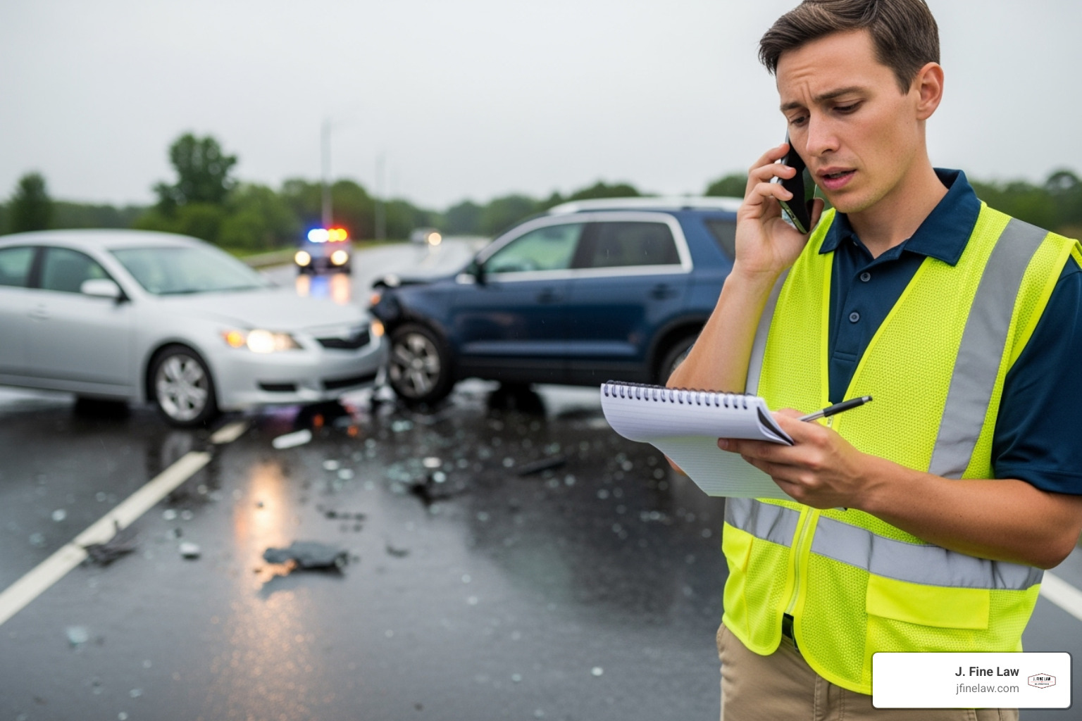 A person on the phone at an accident scene, with a notepad - cherry hill drunk driving accident lawyer