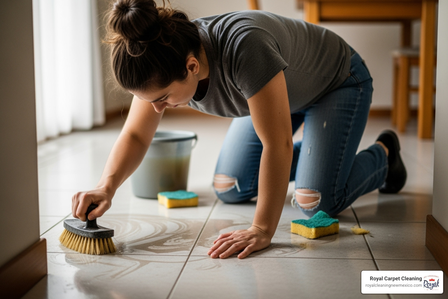 person using a long-handled brush on grout lines - tile floor cleaning
