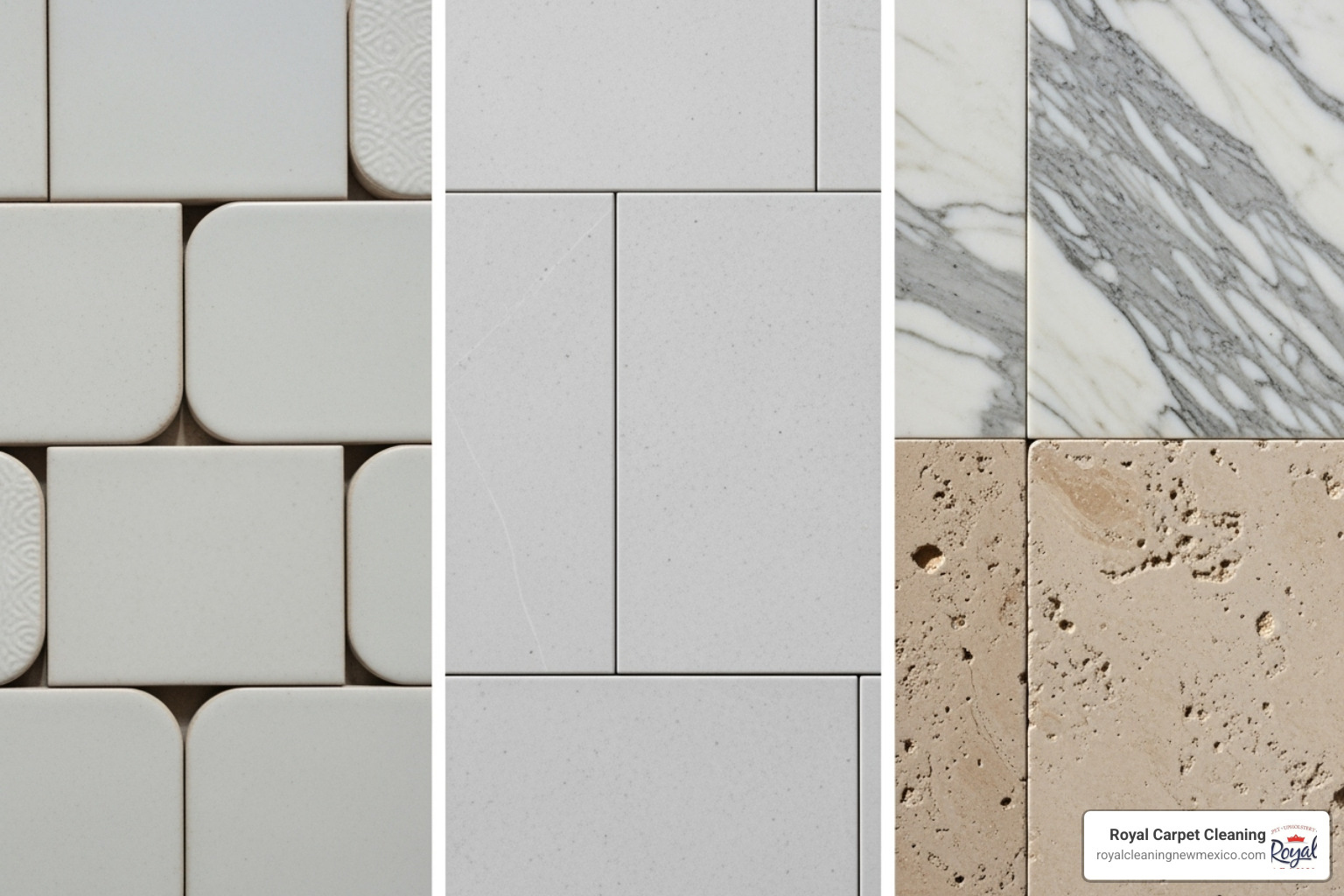 split-screen showing ceramic, porcelain, and natural stone tiles - tile floor cleaning