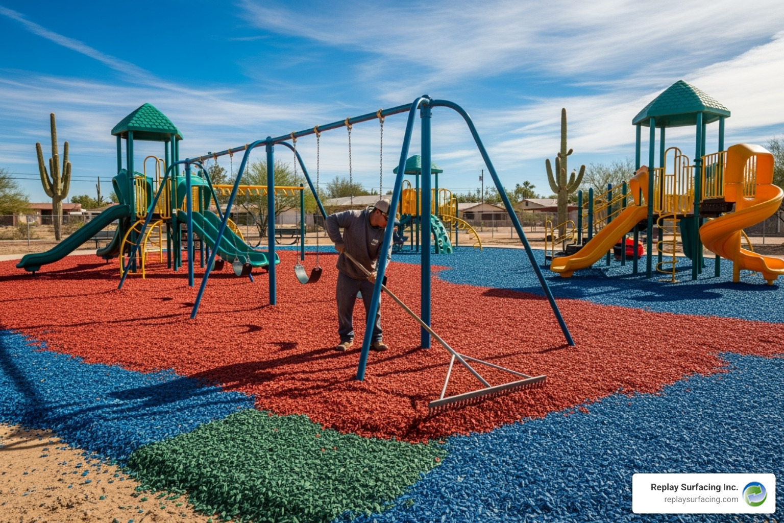 worker raking and leveling new rubber mulch in Tucson, AZ - Is Rubber Mulch in Charlotte NC a Safe Playground Surface