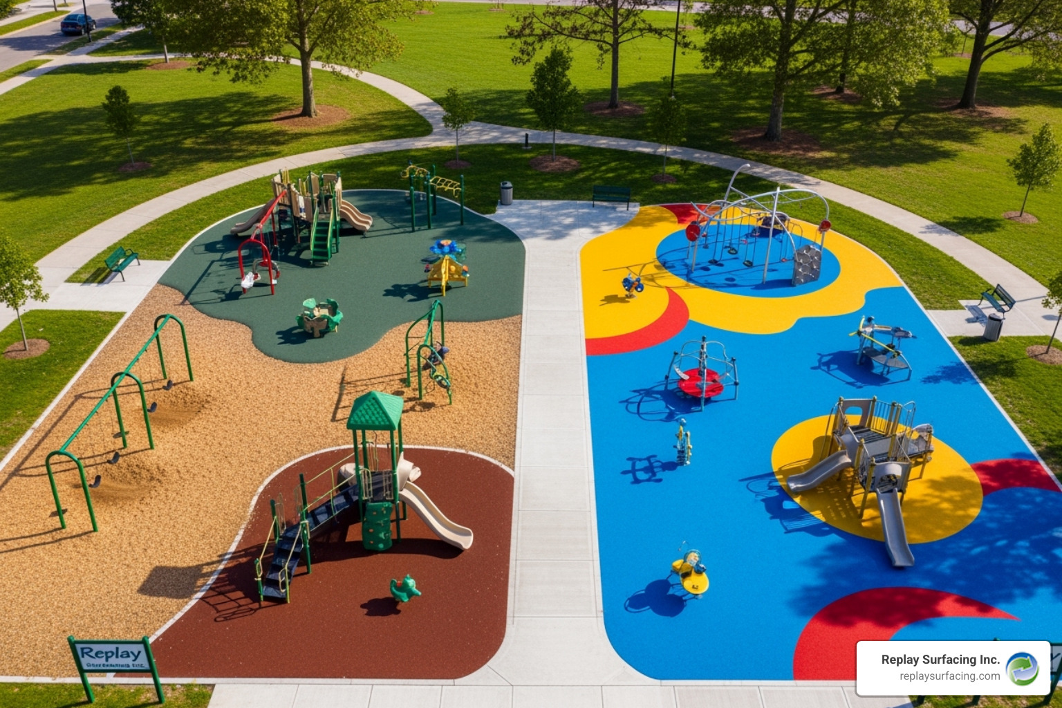 side-by-side comparison of playgrounds with rubber mulch and other Replay Surfacing Inc. surfaces in Raleigh, NC and Tucson, AZ - Is Rubber Mulch in Charlotte NC a Safe Playground Surface