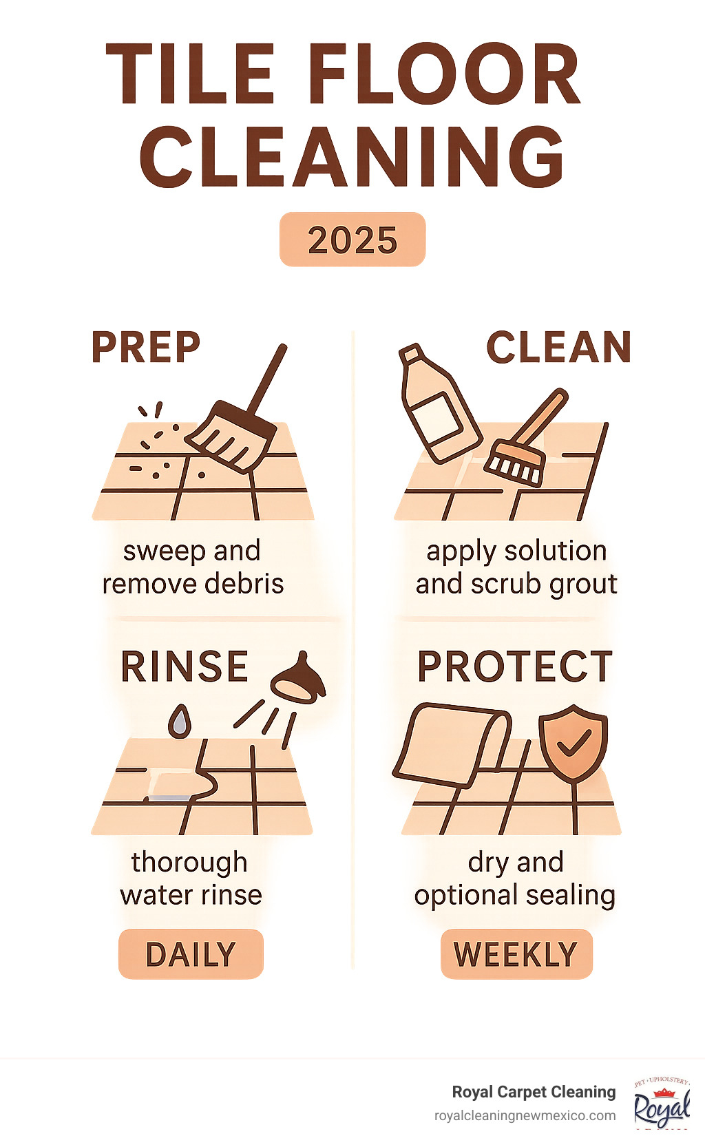 Comprehensive tile floor cleaning process infographic showing the 4 key stages: Prep (sweeping and debris removal), Clean (applying solution and scrubbing grout), Rinse (thorough water rinse), and Protect (drying and optional sealing), with icons for each stage and recommended frequency for daily, weekly, and monthly maintenance - tile floor cleaning infographic 