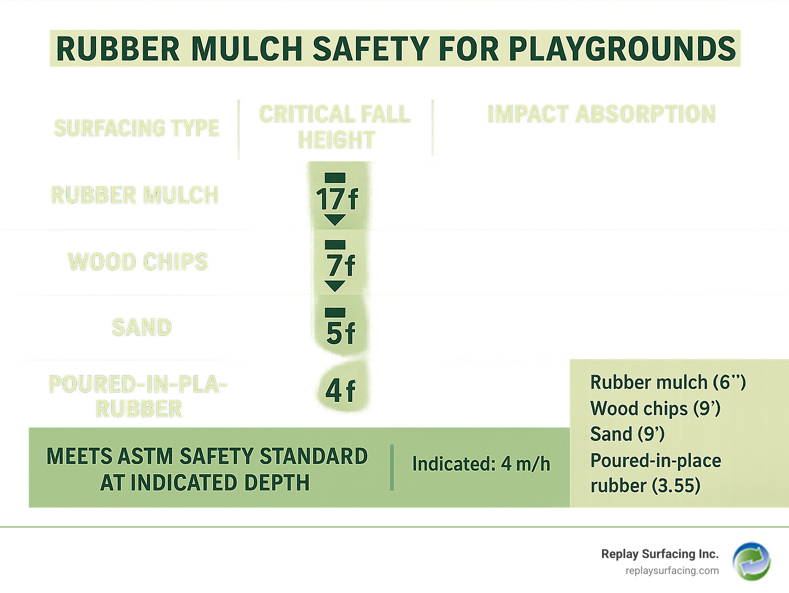 Infographic showing critical fall height ratings and impact absorption comparison between rubber mulch, wood chips, sand, and poured-in-place rubber surfaces, with safety standards and installation depth requirements - Is Rubber Mulch in Charlotte NC a Safe Playground Surface infographic 