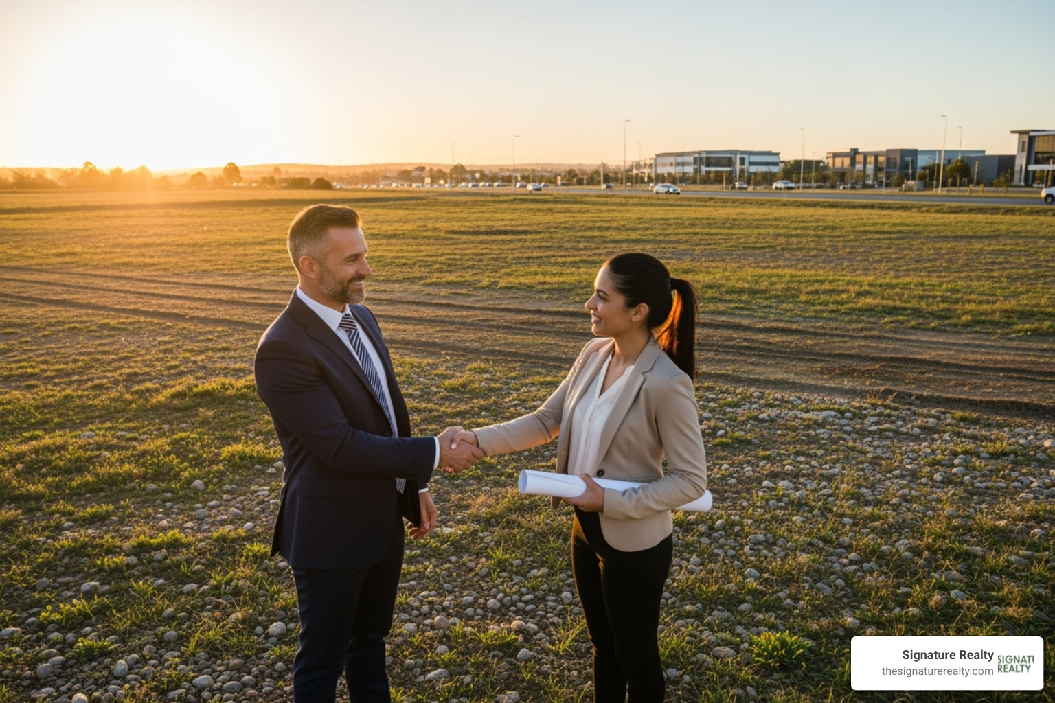 Business owner shaking hands with a real estate agent on a plot of land - miami commercial land for lease Business owner shaking hands with a real estate agent on a plot of land - miami commercial land for lease