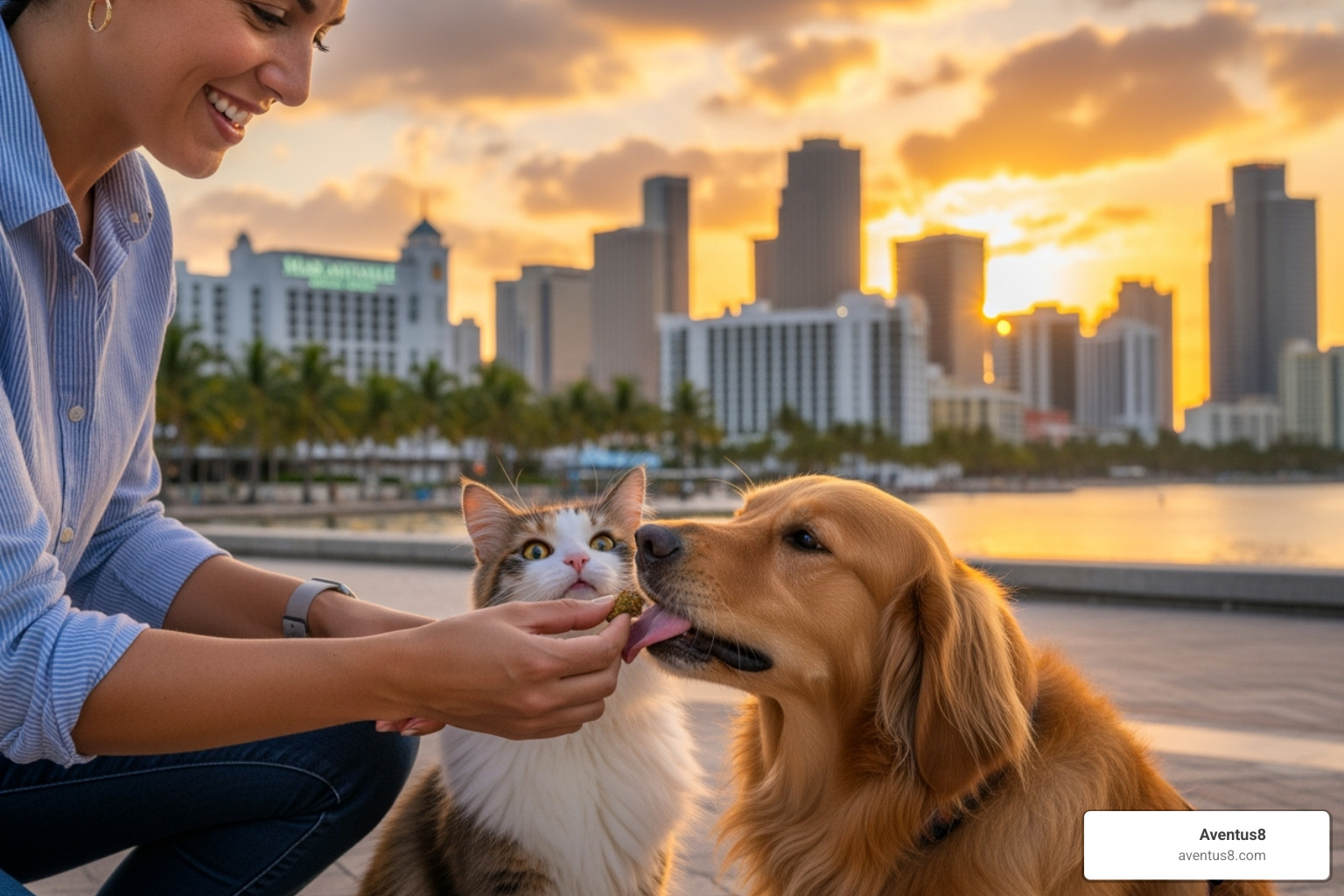 person giving their pet a CBD treat with the Hollywood, FL skyline in the background - buy cbd treats for pets