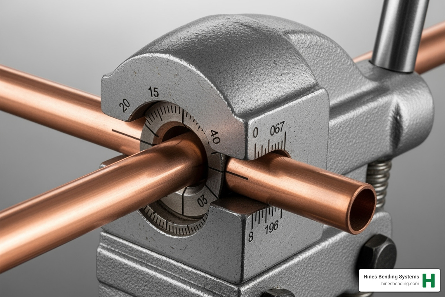 Key points of a Hines bender aligned on a pipe. - copper pipe tube bender