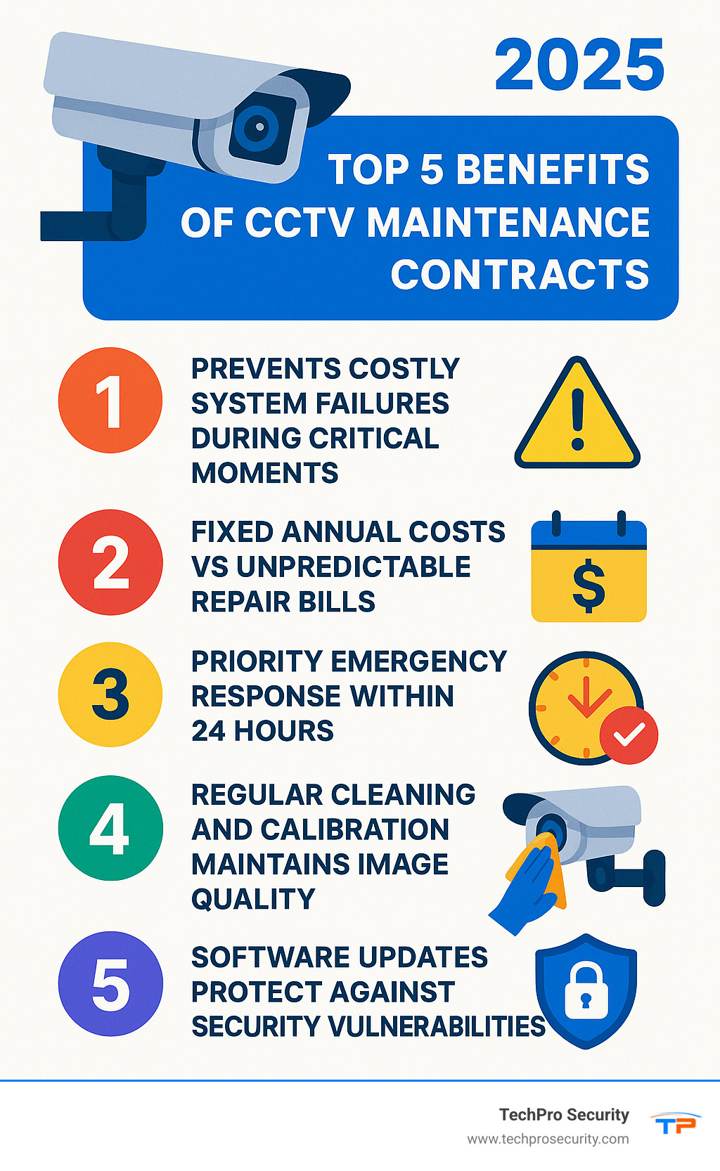 Infographic showing the top 5 benefits of CCTV maintenance contracts: 1) Prevents costly system failures during critical moments, 2) Fixed annual costs vs unpredictable repair bills, 3) Priority emergency response within 24 hours, 4) Regular cleaning and calibration maintains image quality, 5) Software updates protect against security vulnerabilities - cctv camera annual maintenance contract infographic 