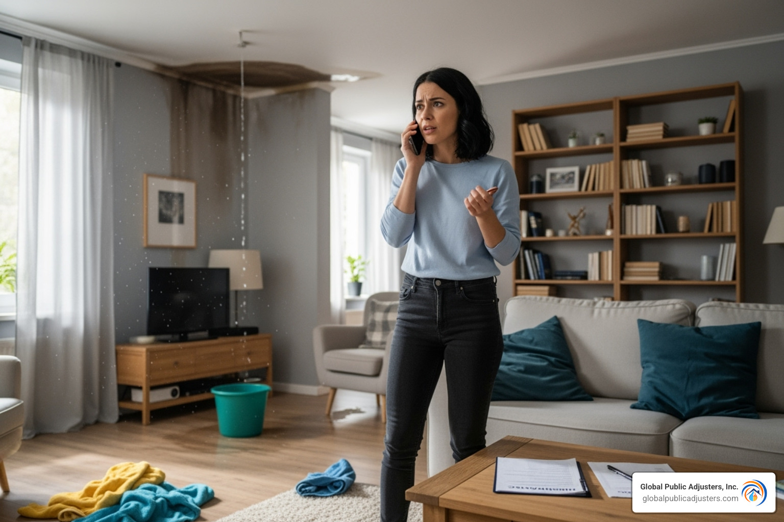homeowner on the phone with their insurance agent - Broken pipe insurance claim